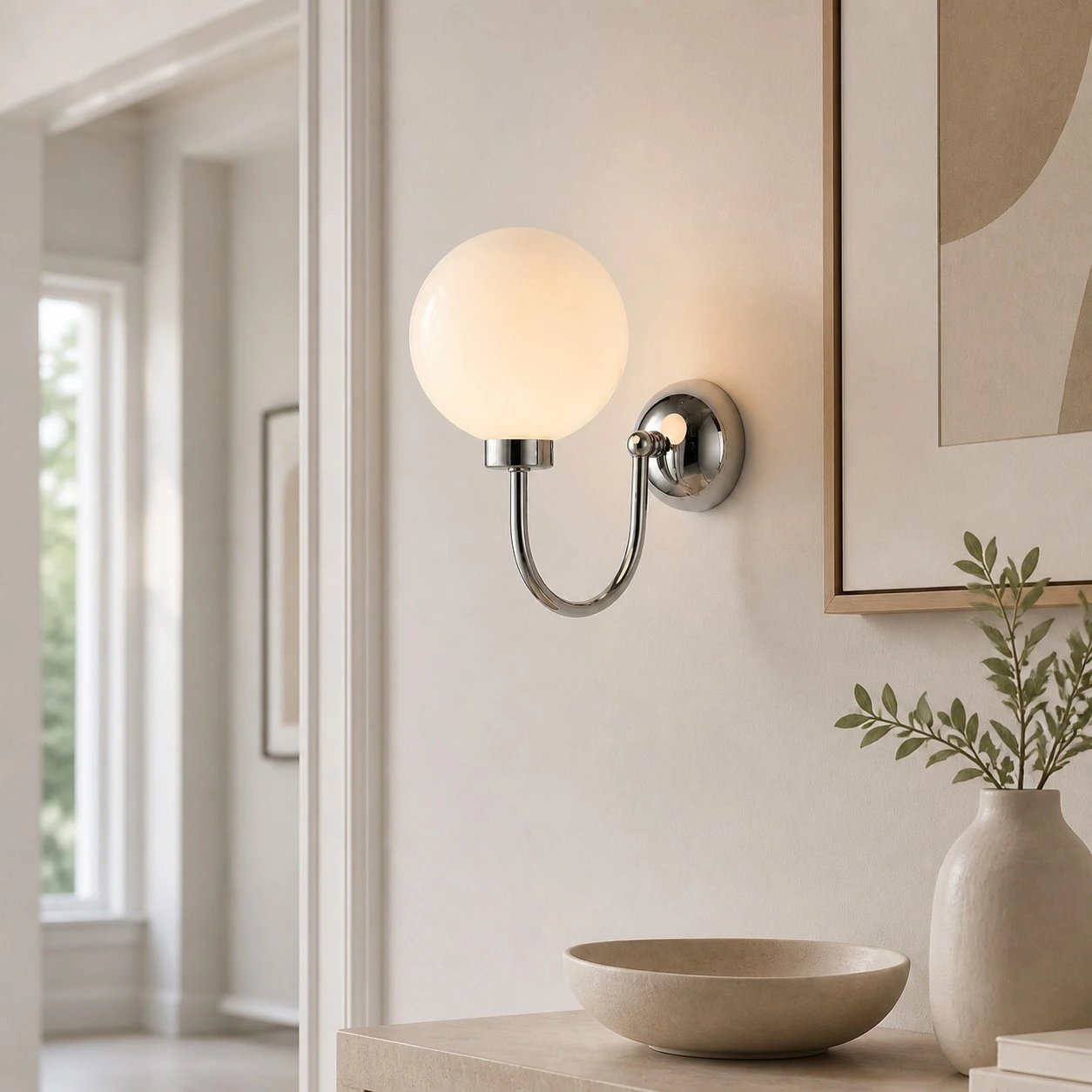 Chrome Luma opal globe wall sconce near framed wall art