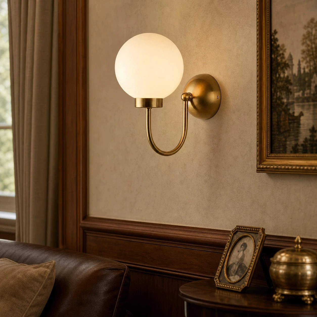 Natural Brass Luma wall sconce in a warm vintage living room