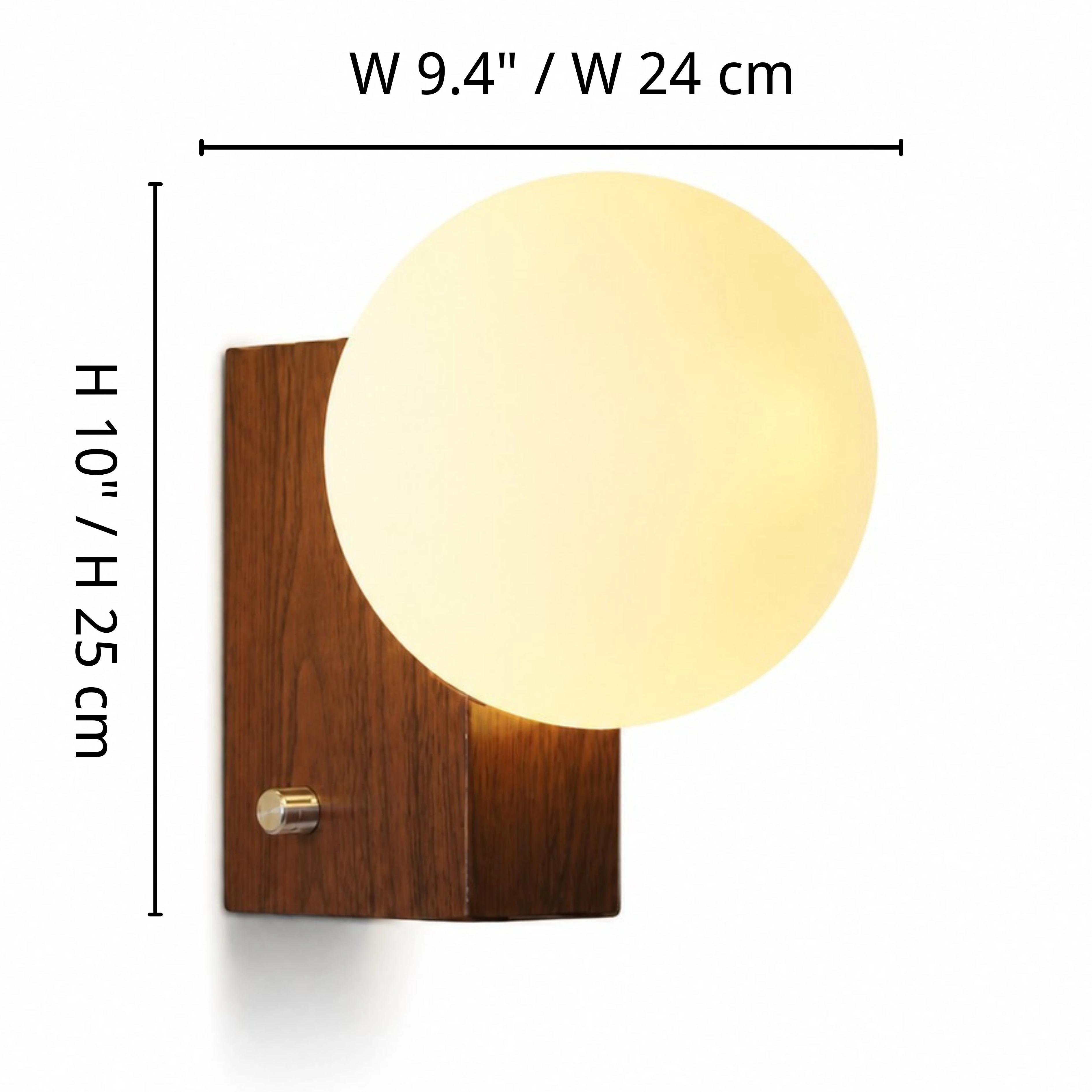 Luma folded globe wall sconce dimensions: width 24 centimeters and height 25 centimeters