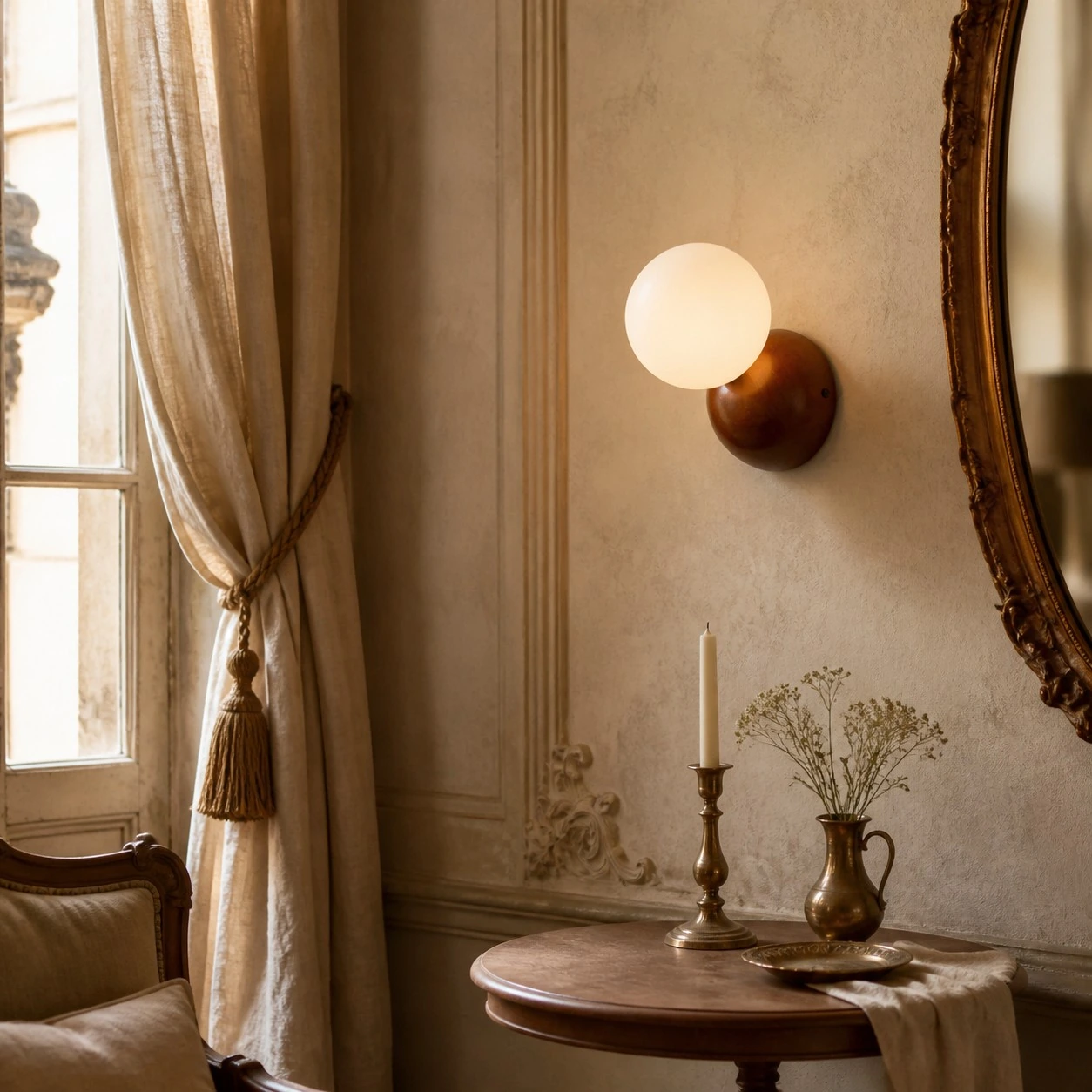 Luma walnut globe wall sconce in a vintage-inspired interior