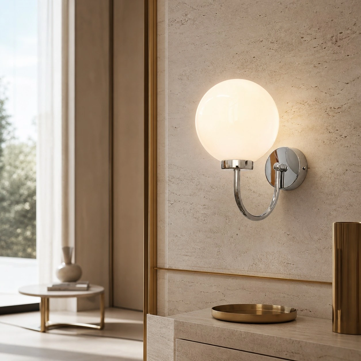 Chrome Luma opal globe wall sconce in a stone interior