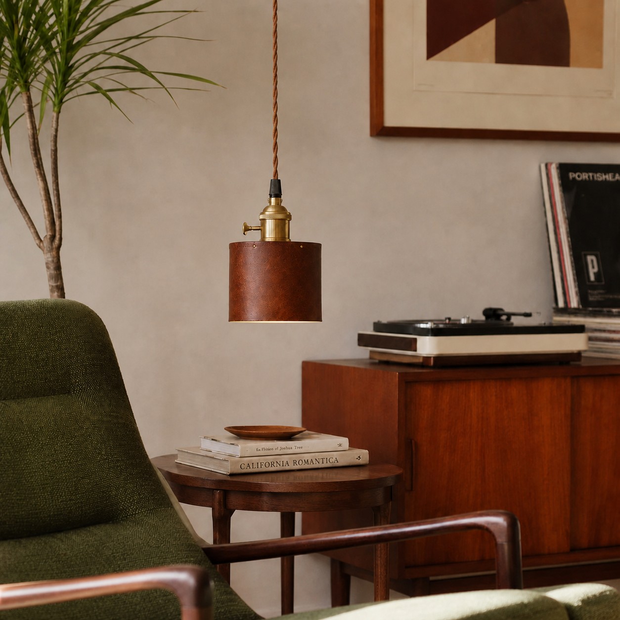 Brown leather pendant lamp in a vintage living room reading corner