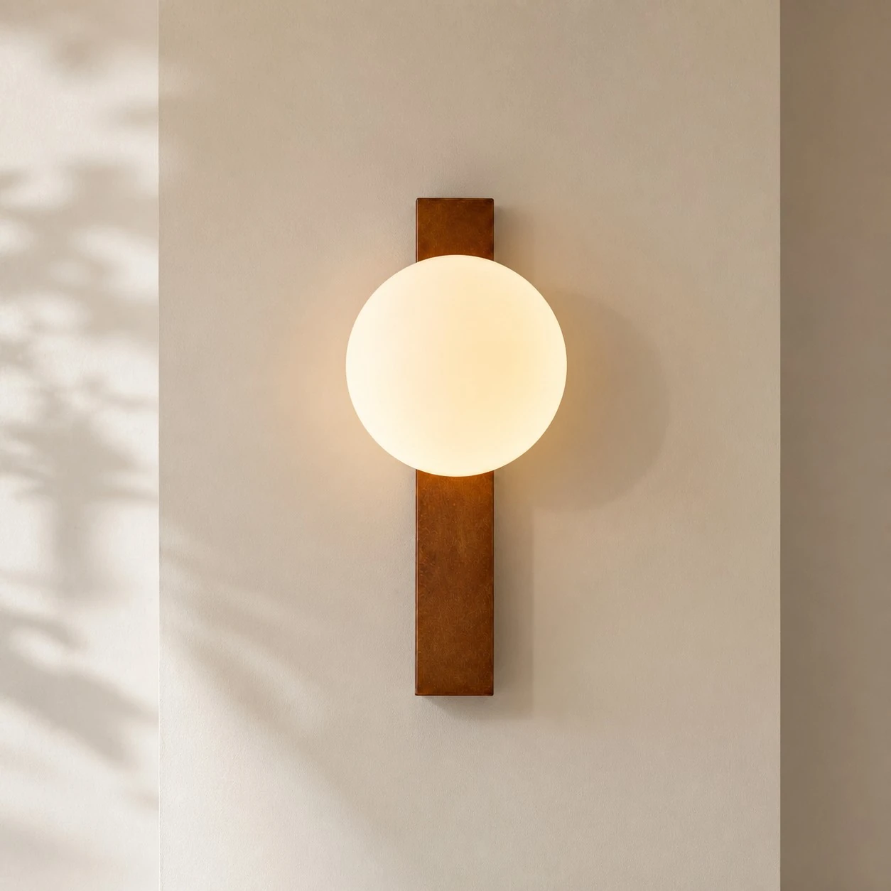 Vertical Walnut globe wall sconce on a minimal wall