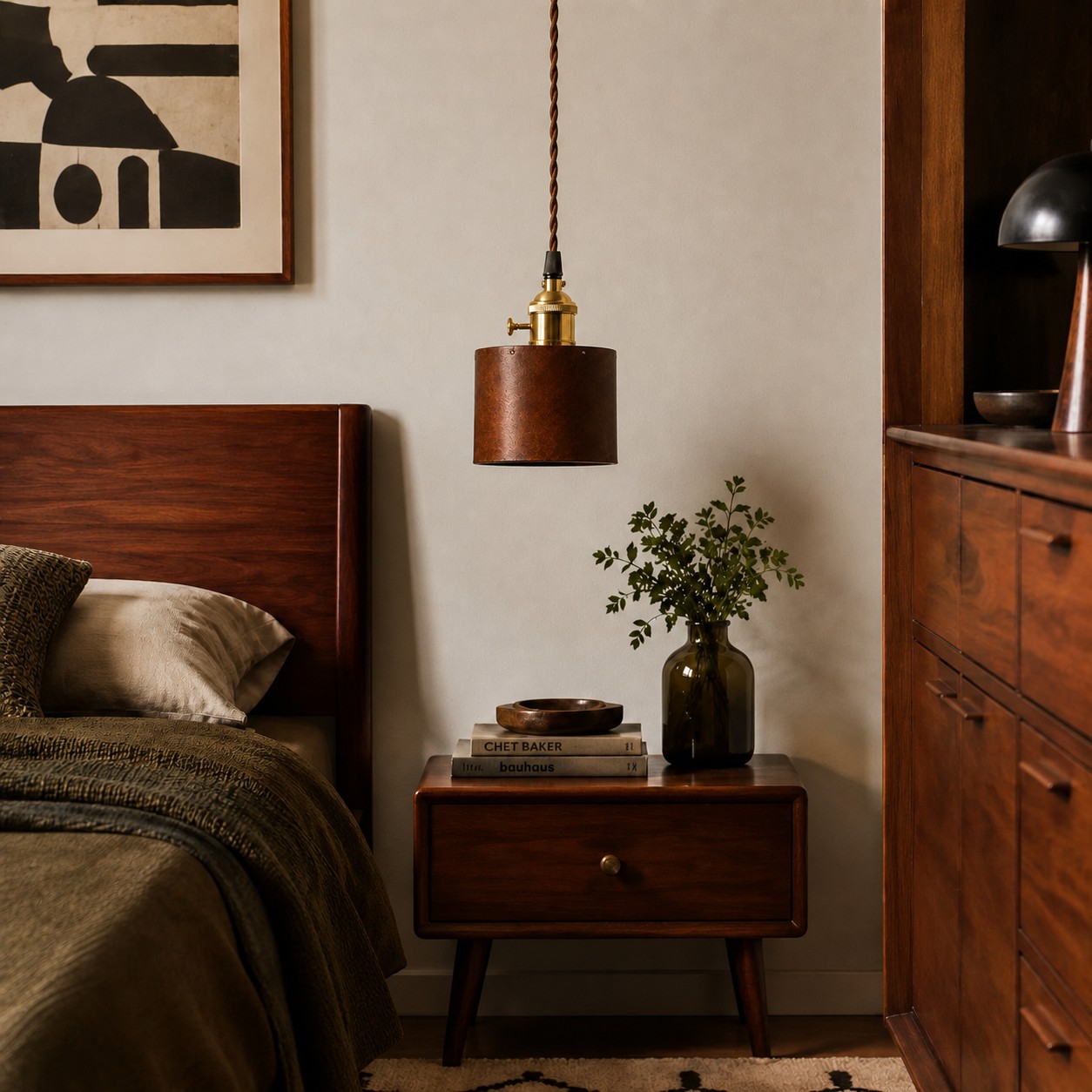 Brown leather pendant lamp above a bedside table in a warm bedroom