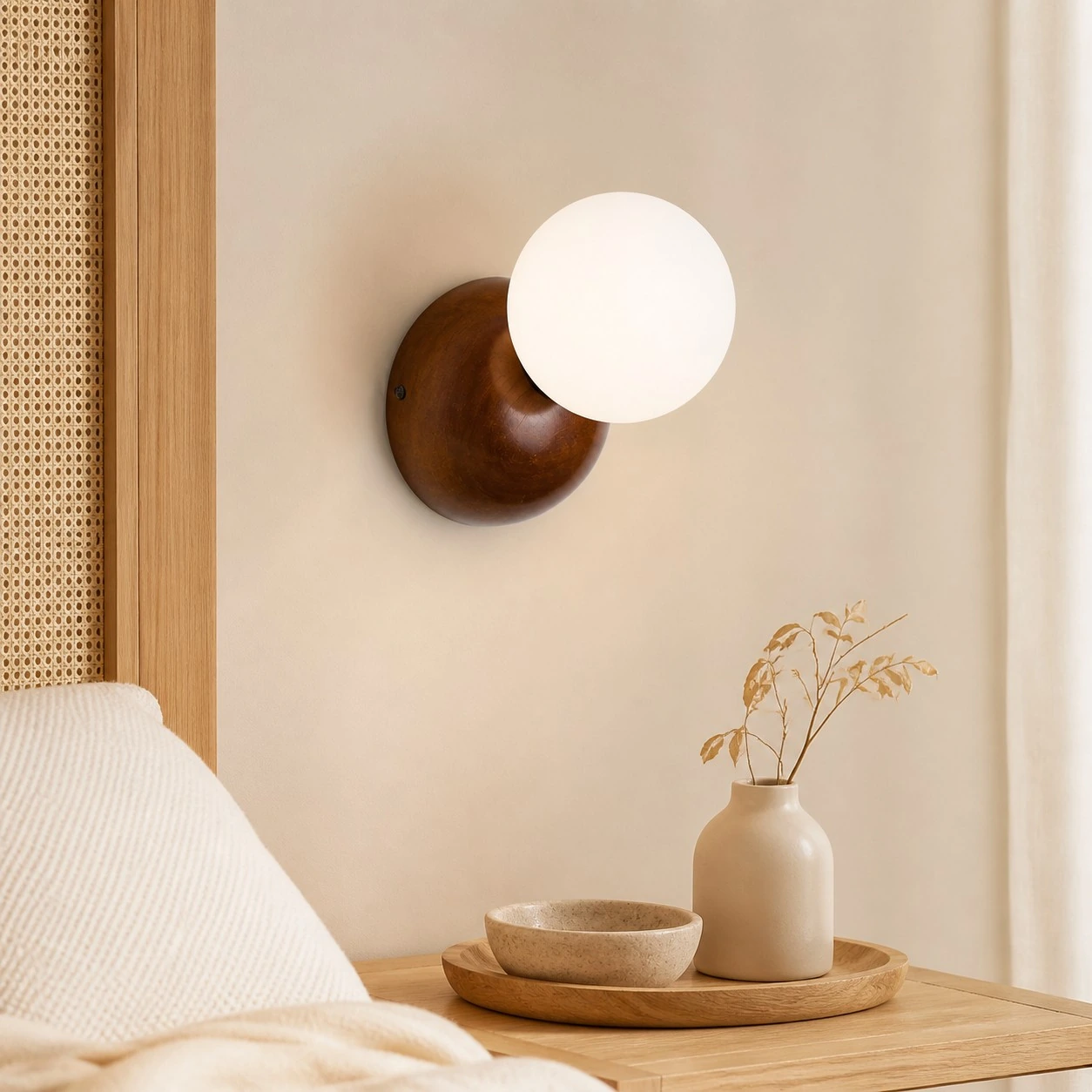 Luma walnut wall sconce above a natural wood bedside table