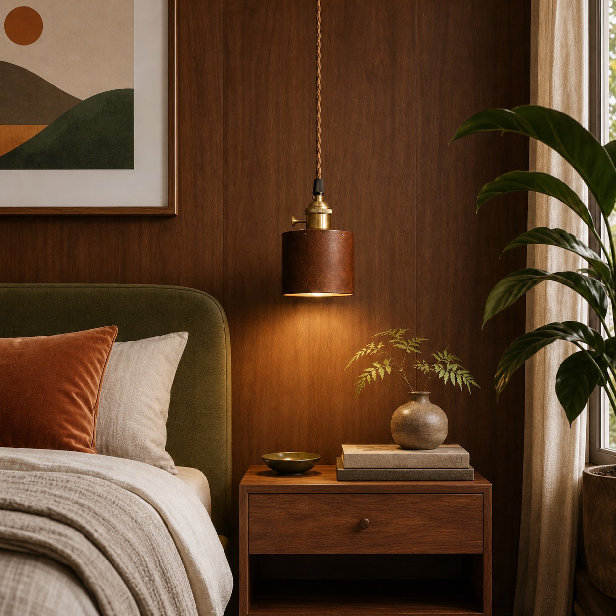 Brown leather pendant lamp above a bedside table with dark wood paneling