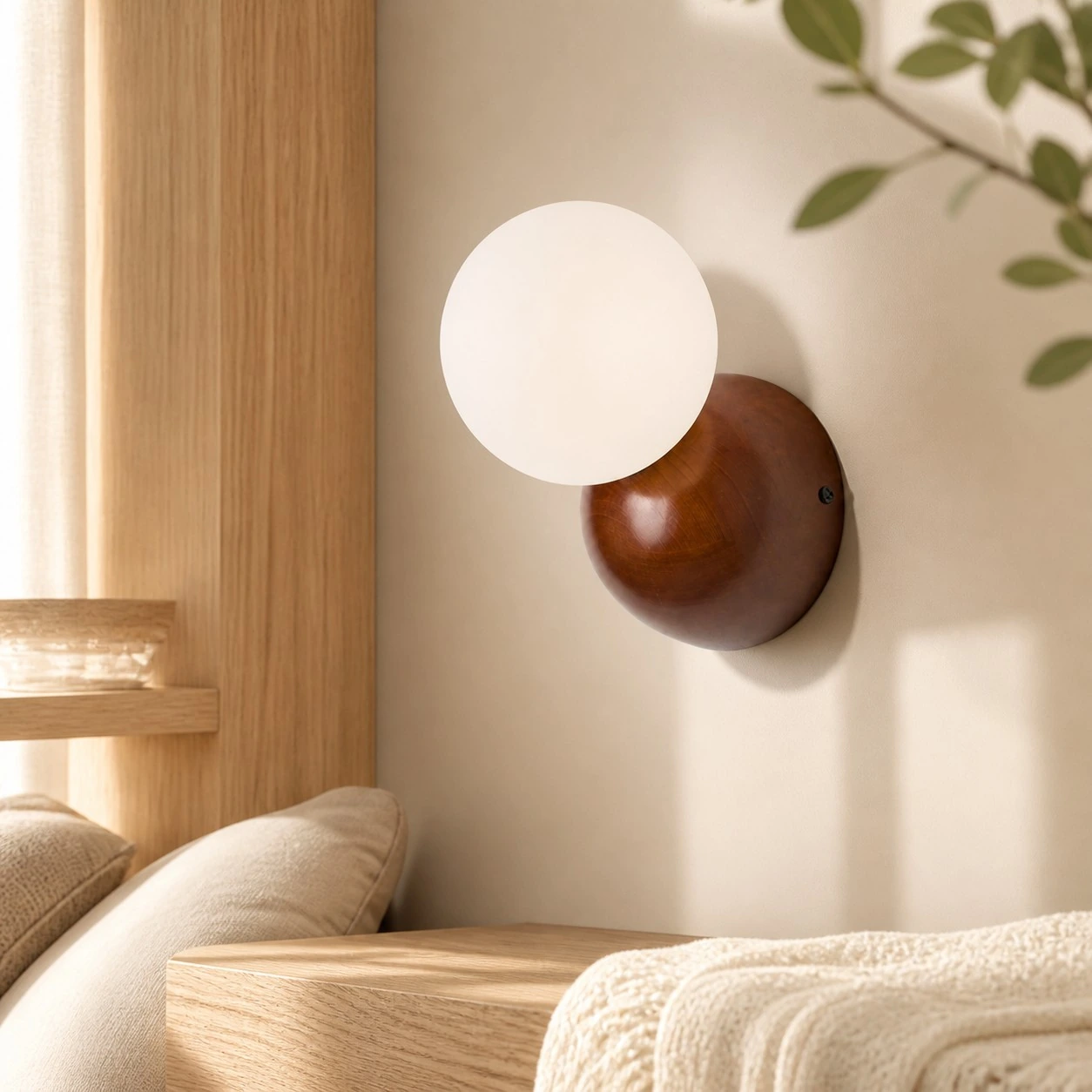Luma walnut opal globe wall sconce in a warm bedroom