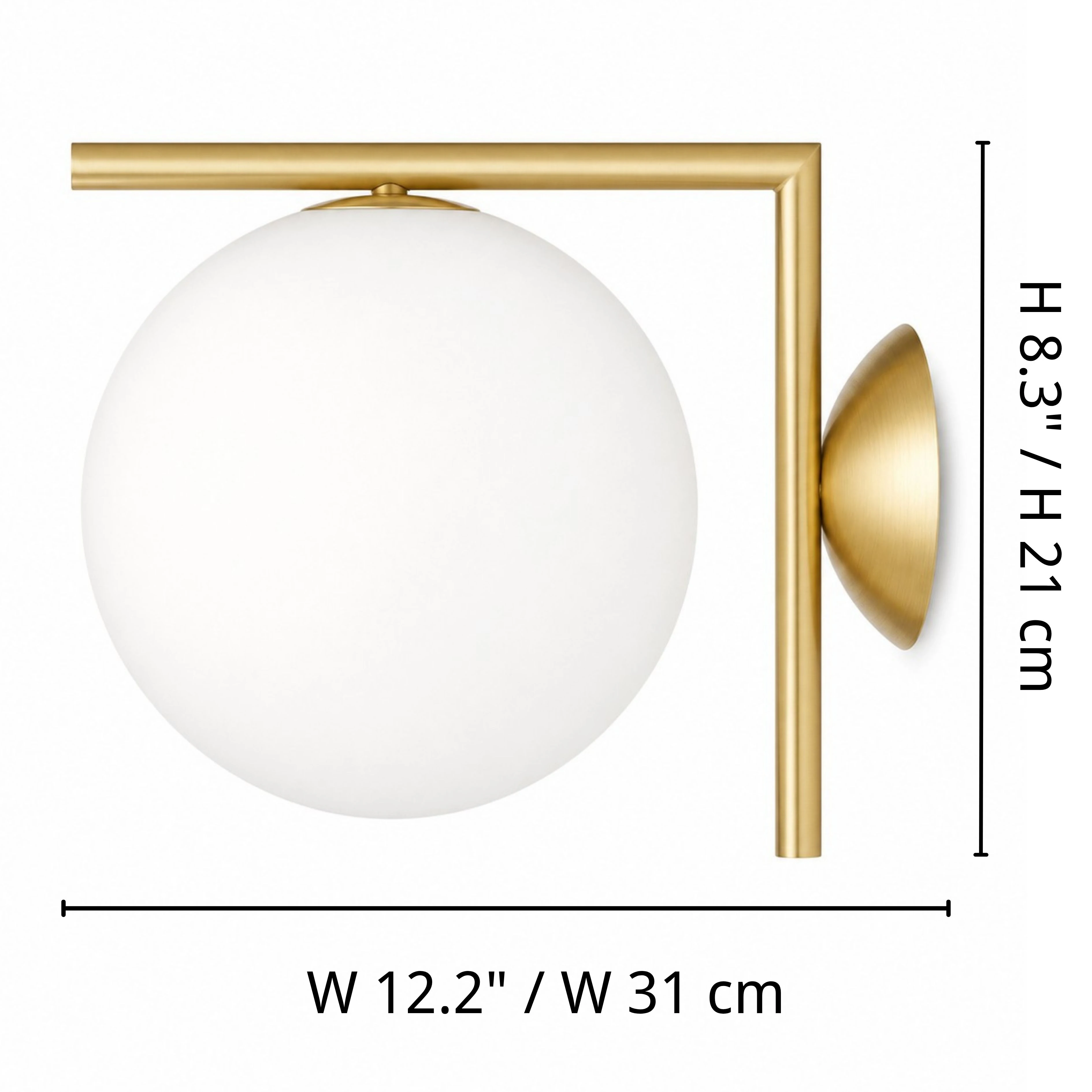 Luma offset globe wall sconce dimensions: width 12.2 inches or 31 centimeters and height 8.3 inches or 21 centimeters