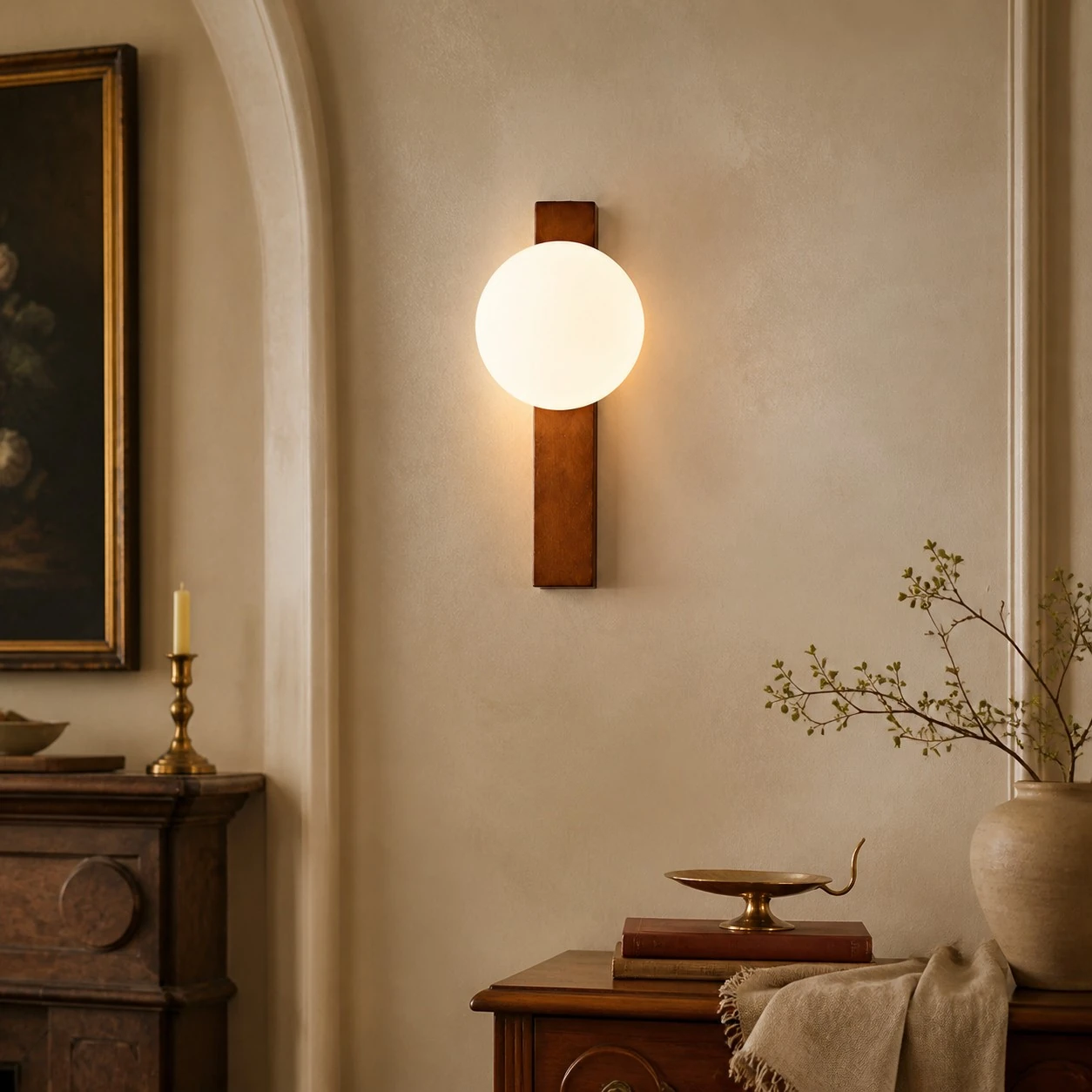 Vertical Walnut globe wall sconce in a classic interior