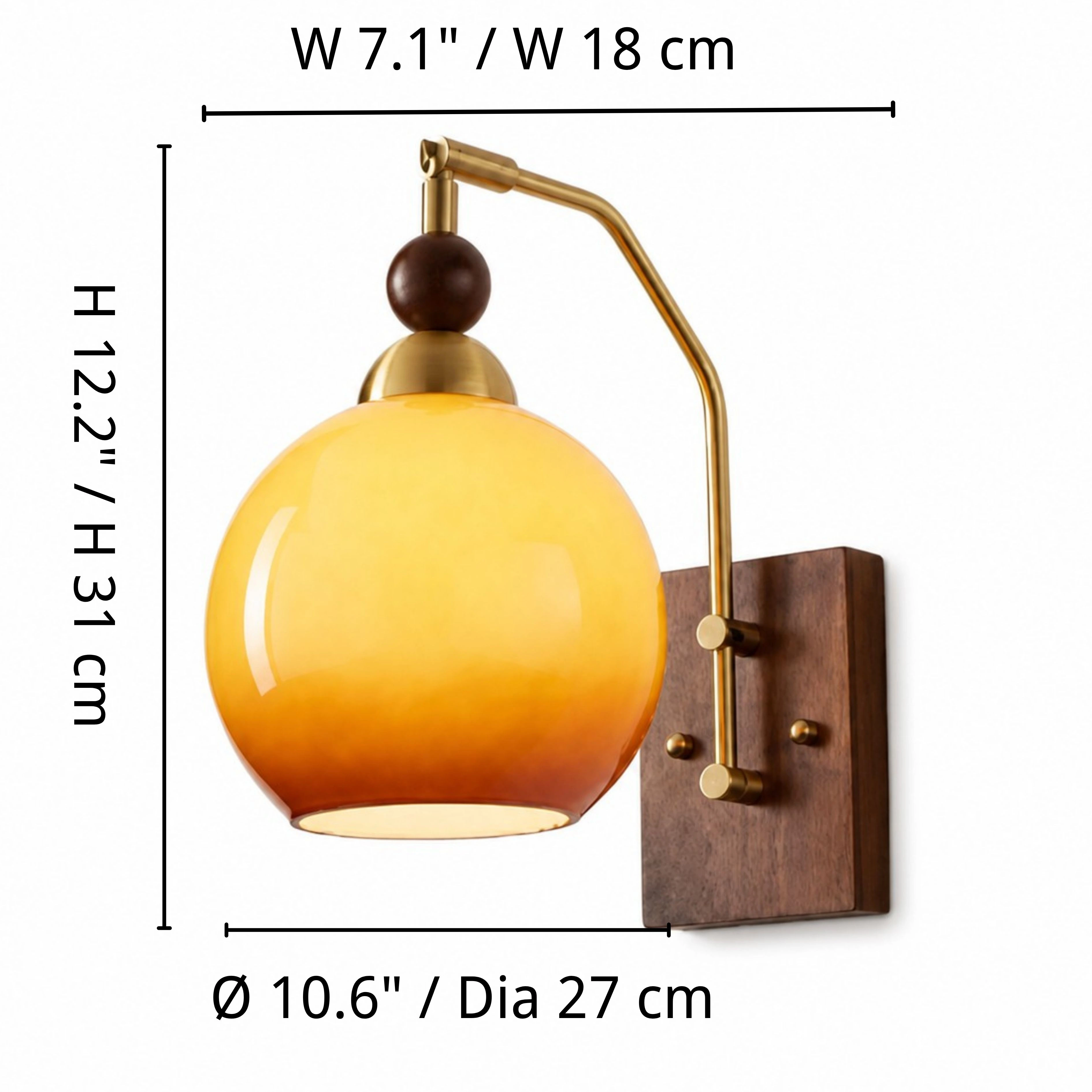 Luma wall sconce dimensions: diameter 10.6 inches, width 7.1 inches, and height 12.2 inches