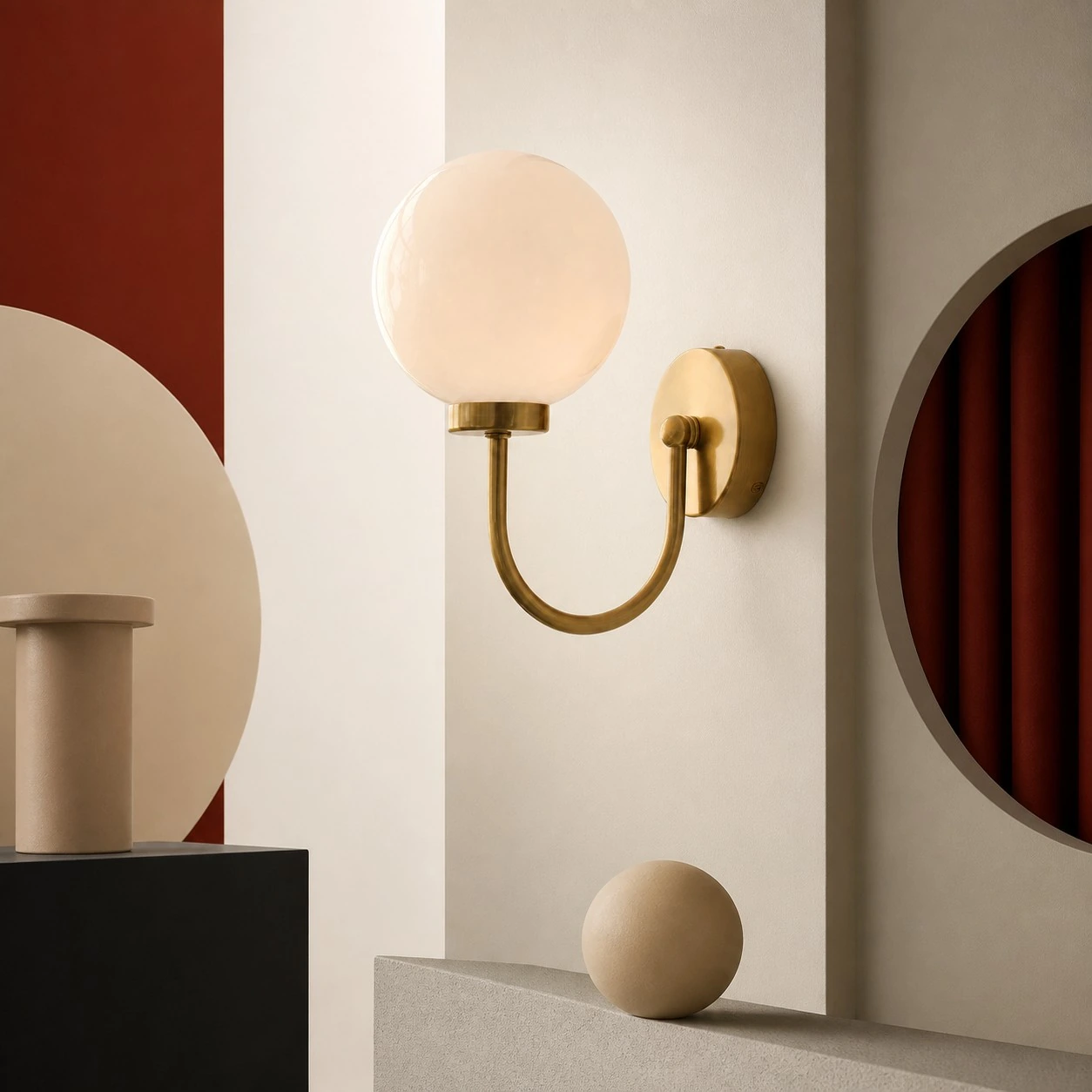 Natural Brass Luma opal globe wall sconce in a modern interior