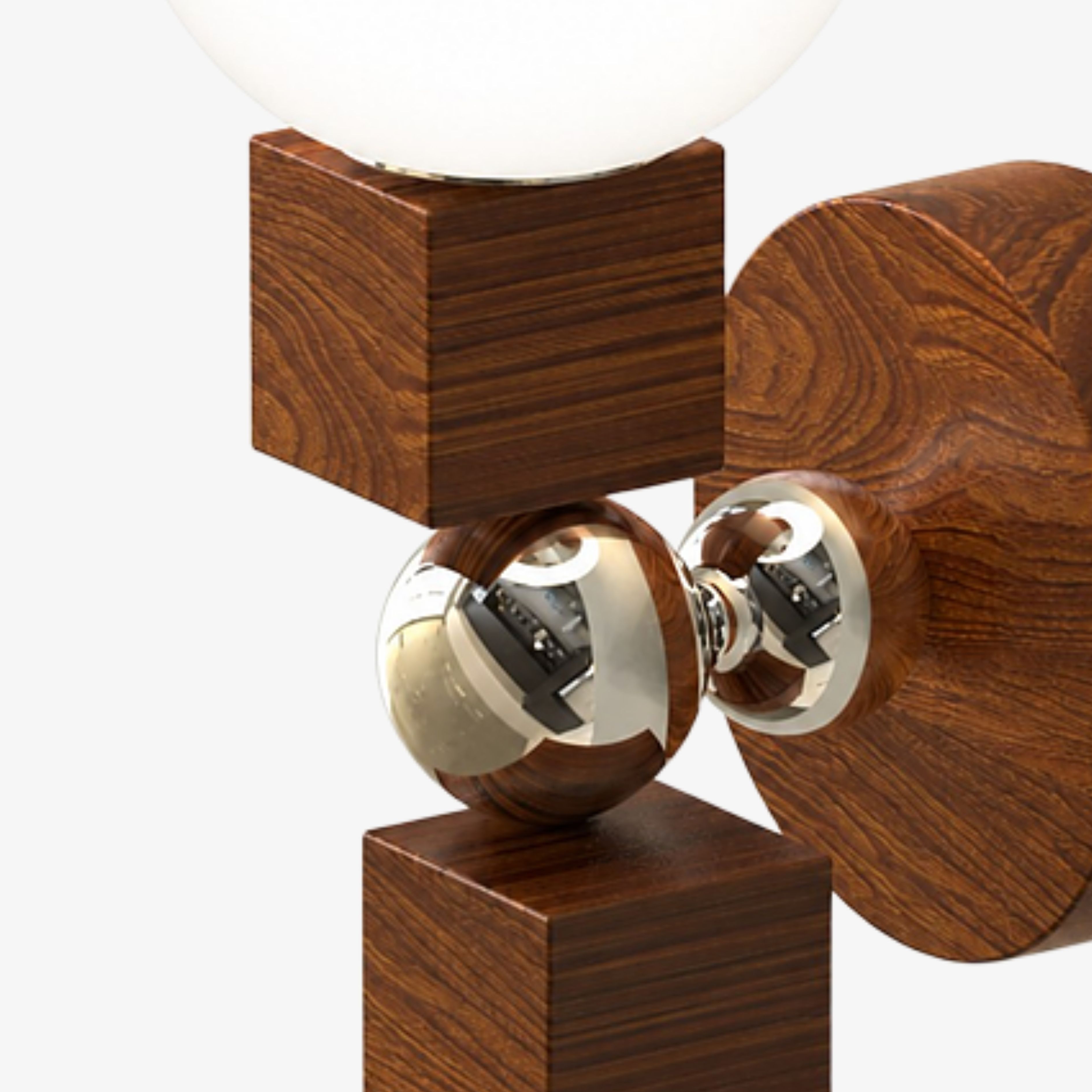 Walnut wood grain and polished metal sphere detail