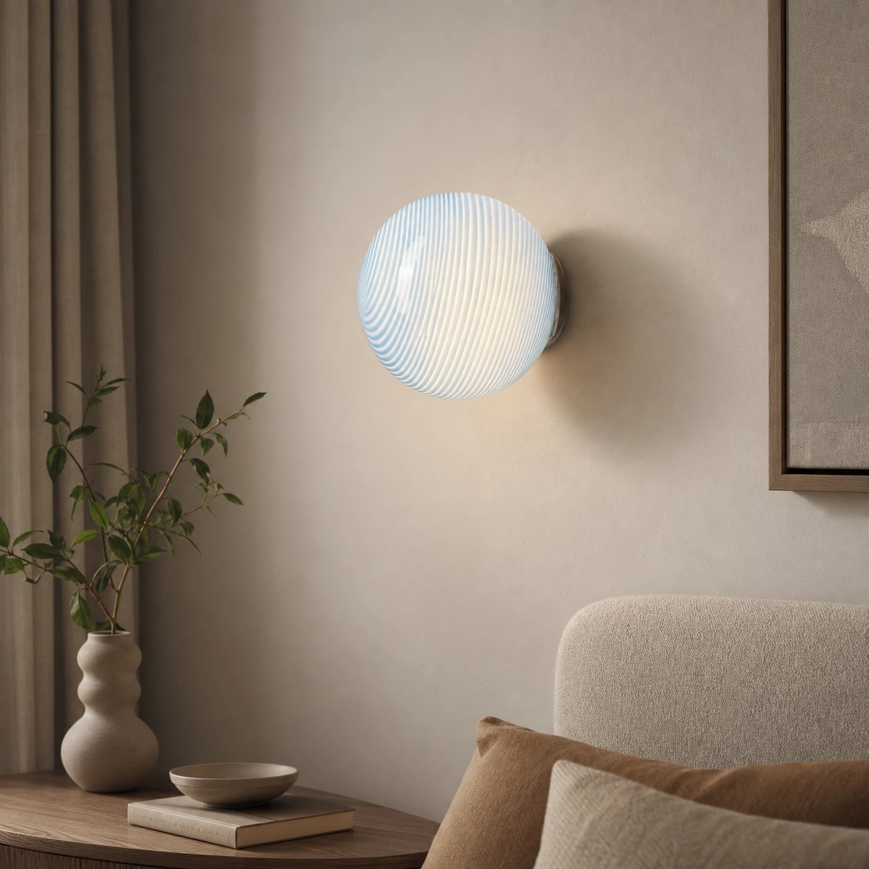 Blue Stripe Luma wall sconce in a neutral room