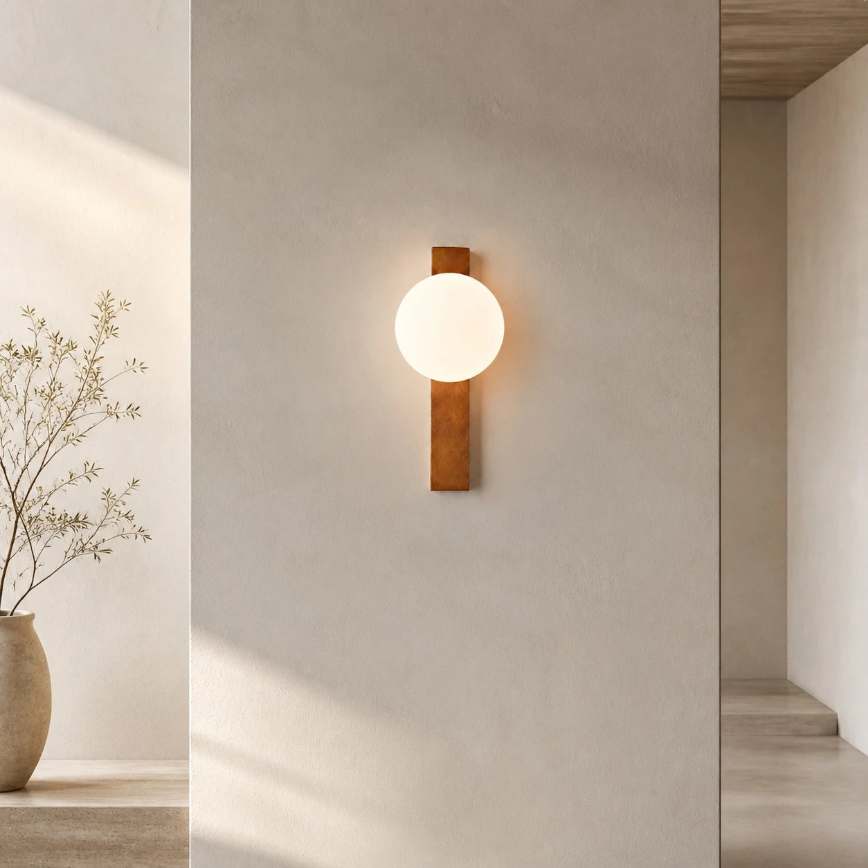 Vertical Walnut globe wall sconce in a bright hallway