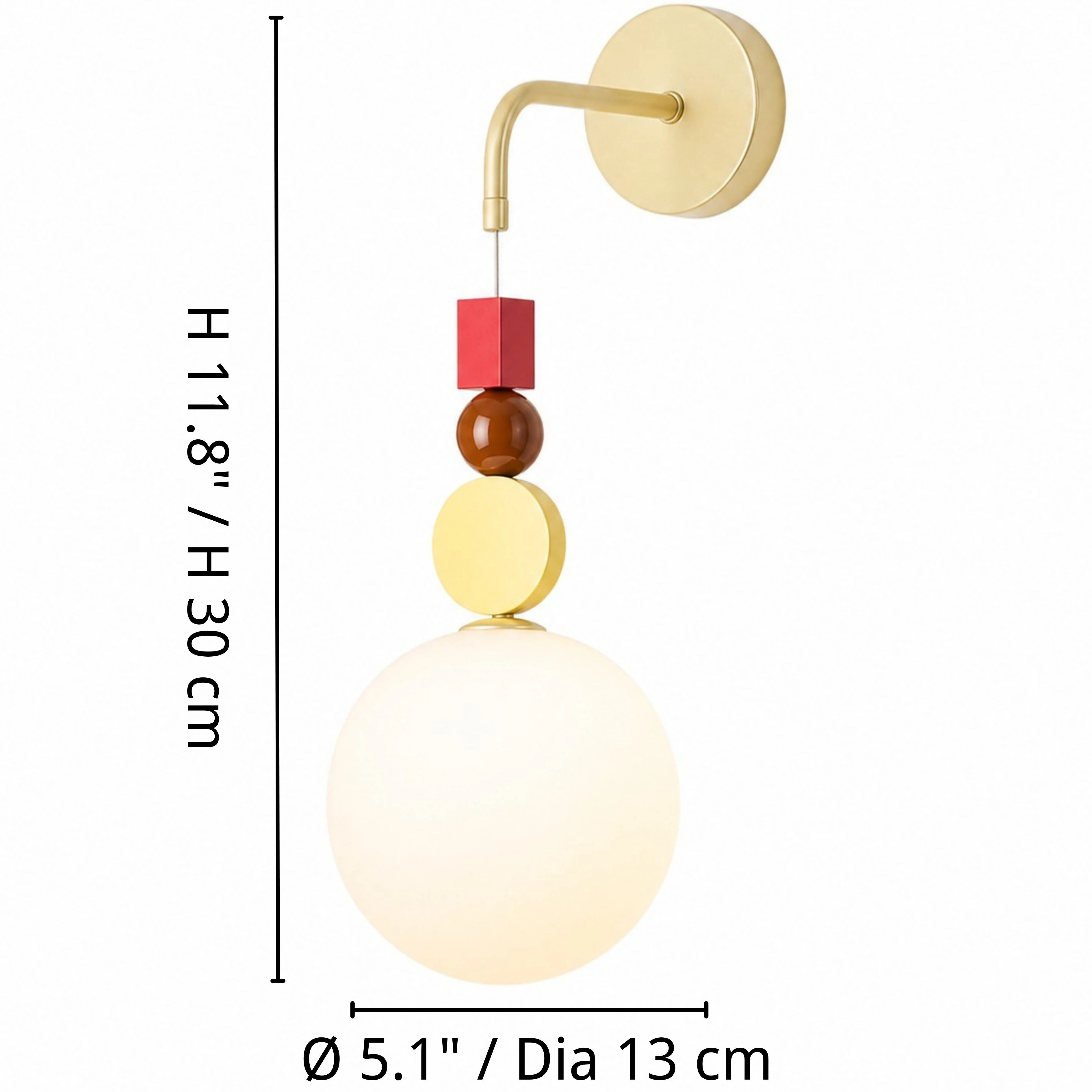 Luma suspended geometry wall sconce dimensions: shade diameter 13 centimeters and height 30 centimeters