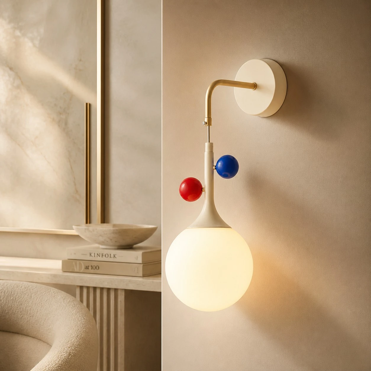 Cream orbit-disc wall sconce in a warm modern lounge