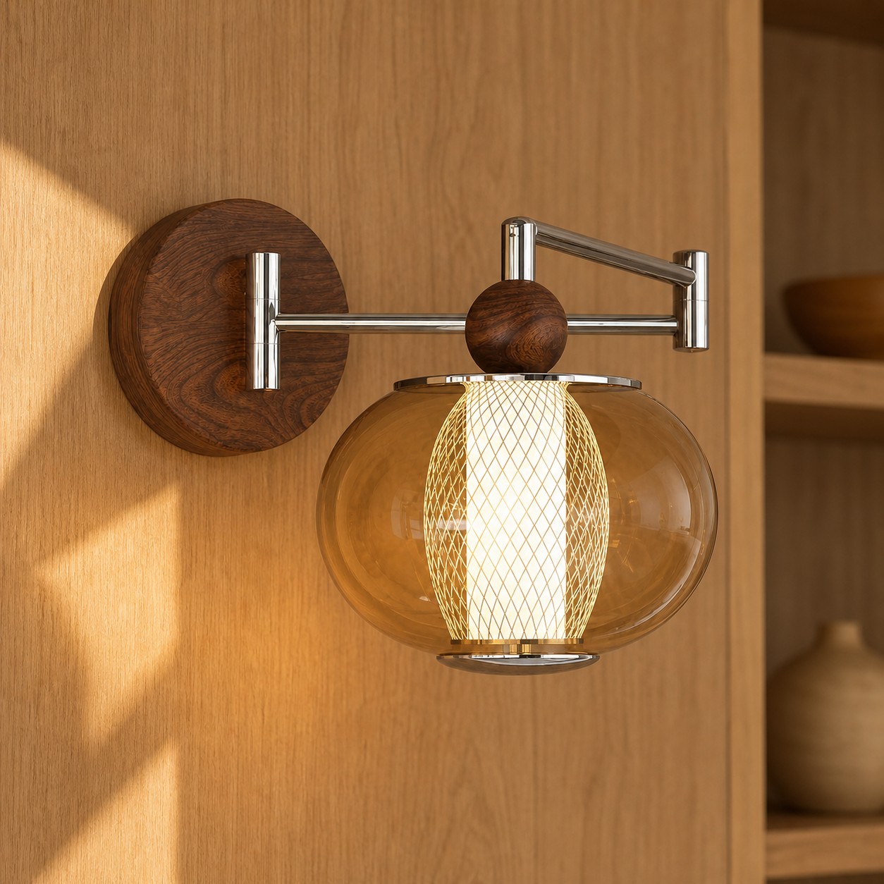 Orbit Style B Walnut wall sconce in a wood interior