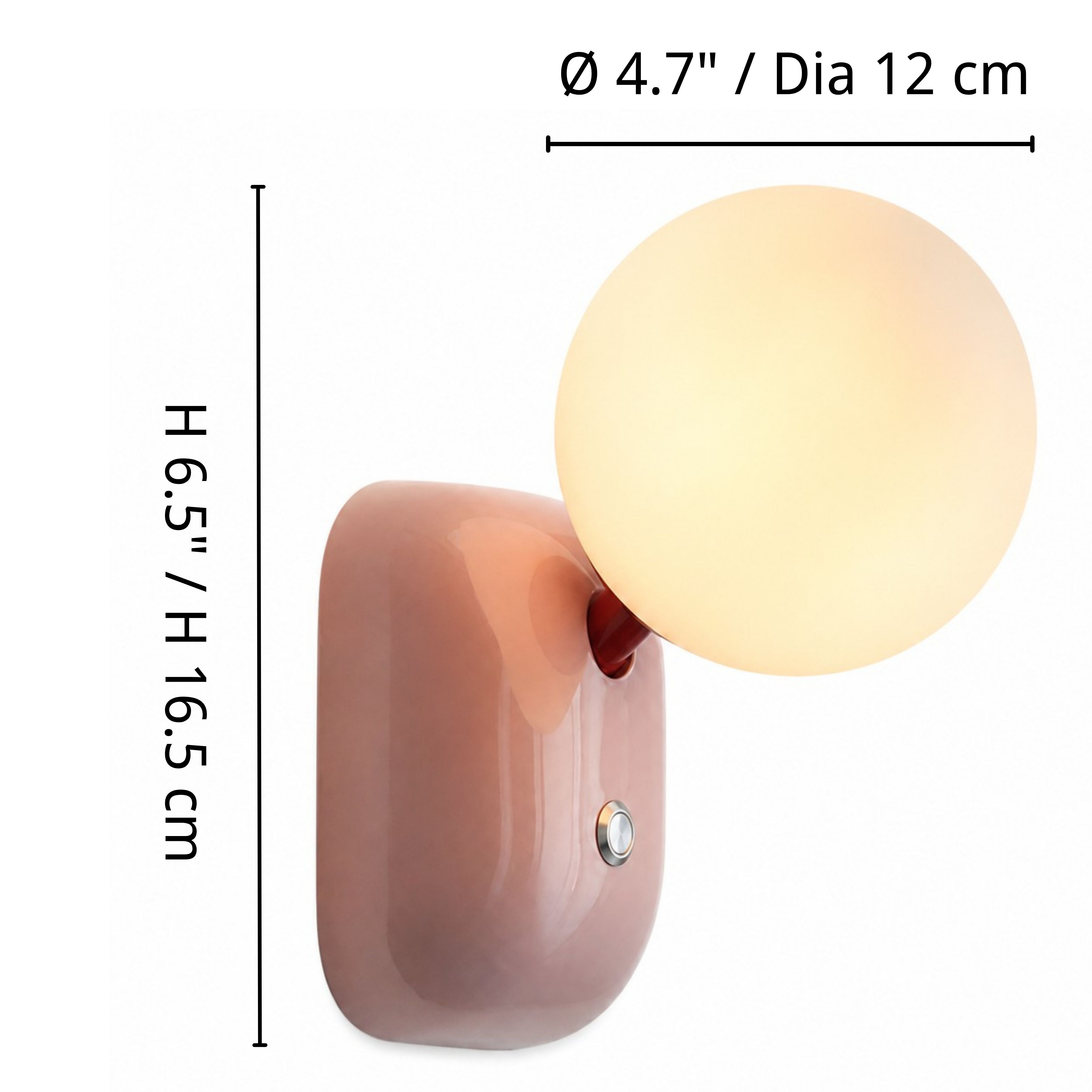 Luma compact wall sconce dimensions: diameter 4.7 inches or 12 centimeters and height 6.5 inches or 16.5 centimeters