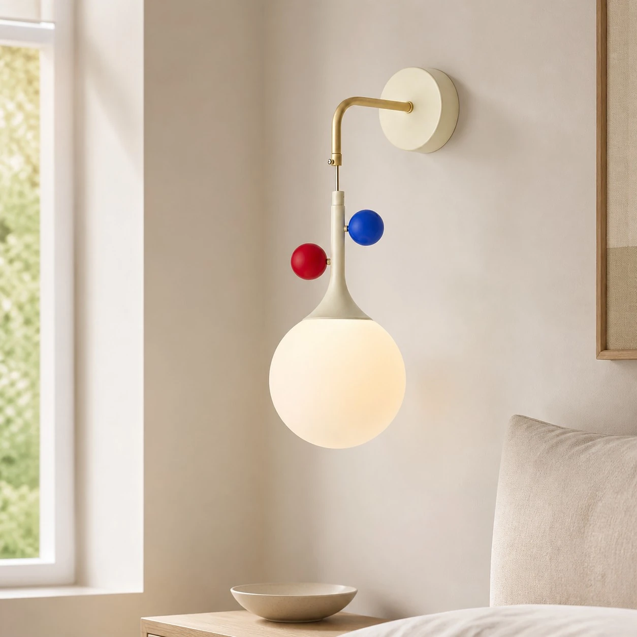 Cream orbit-disc wall sconce near a softly lit window