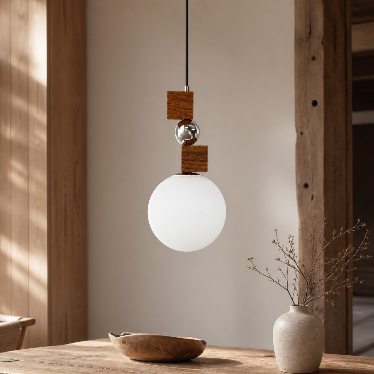Luma Walnut geometric pendant light in a warm rustic interior