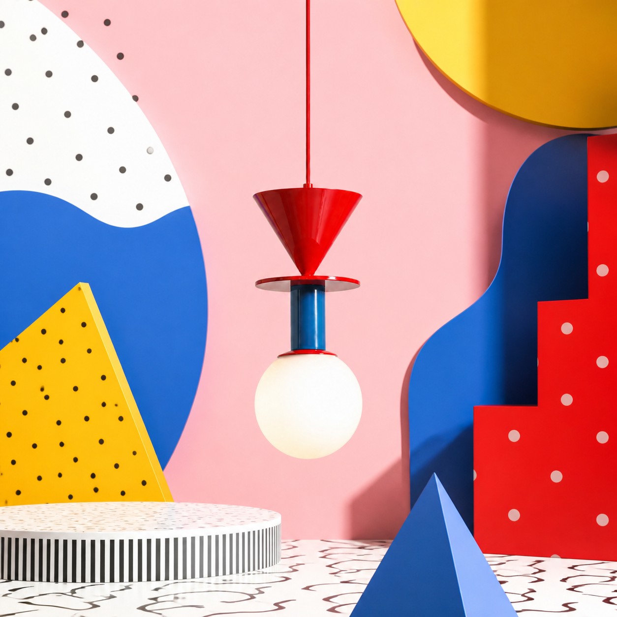 Luma geometric pendant light in a colorful Memphis interior