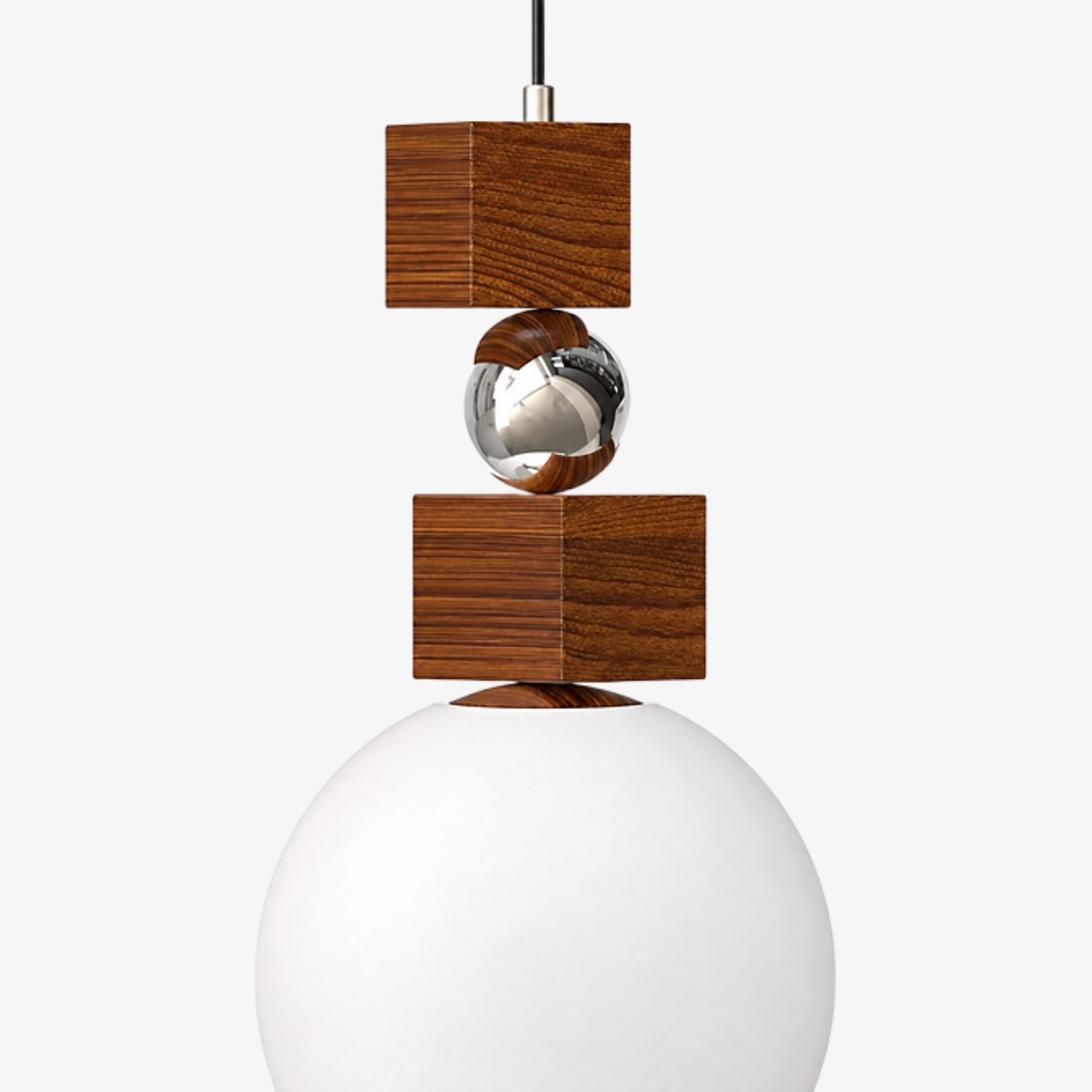 Walnut blocks and polished metal sphere pendant detail