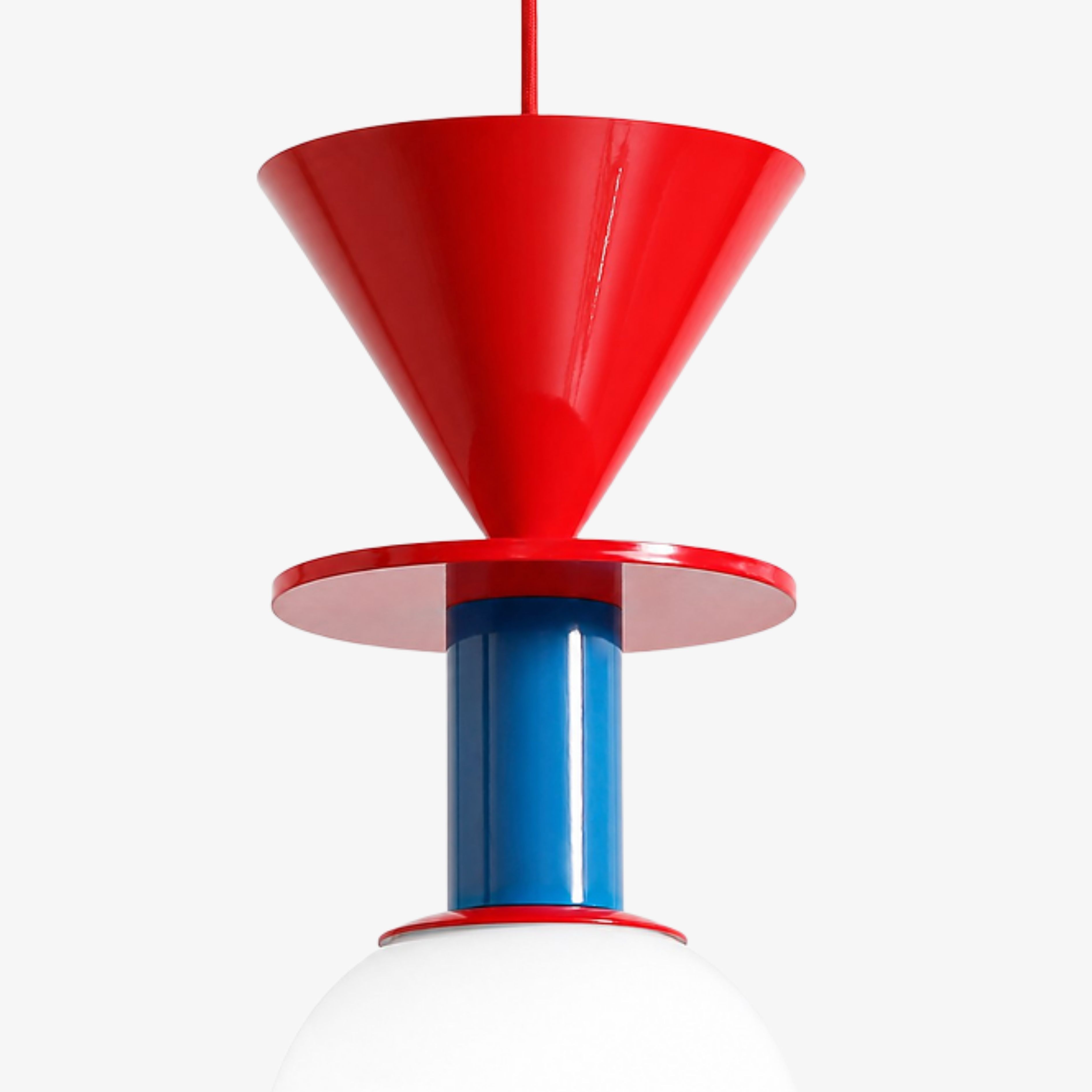 Red cone and blue cylinder pendant light detail