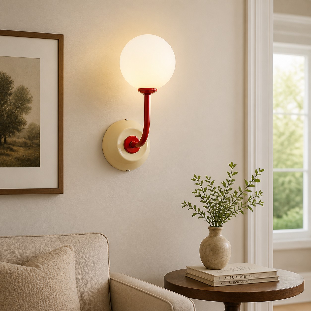 Luma Off-White globe wall sconce in a neutral living room