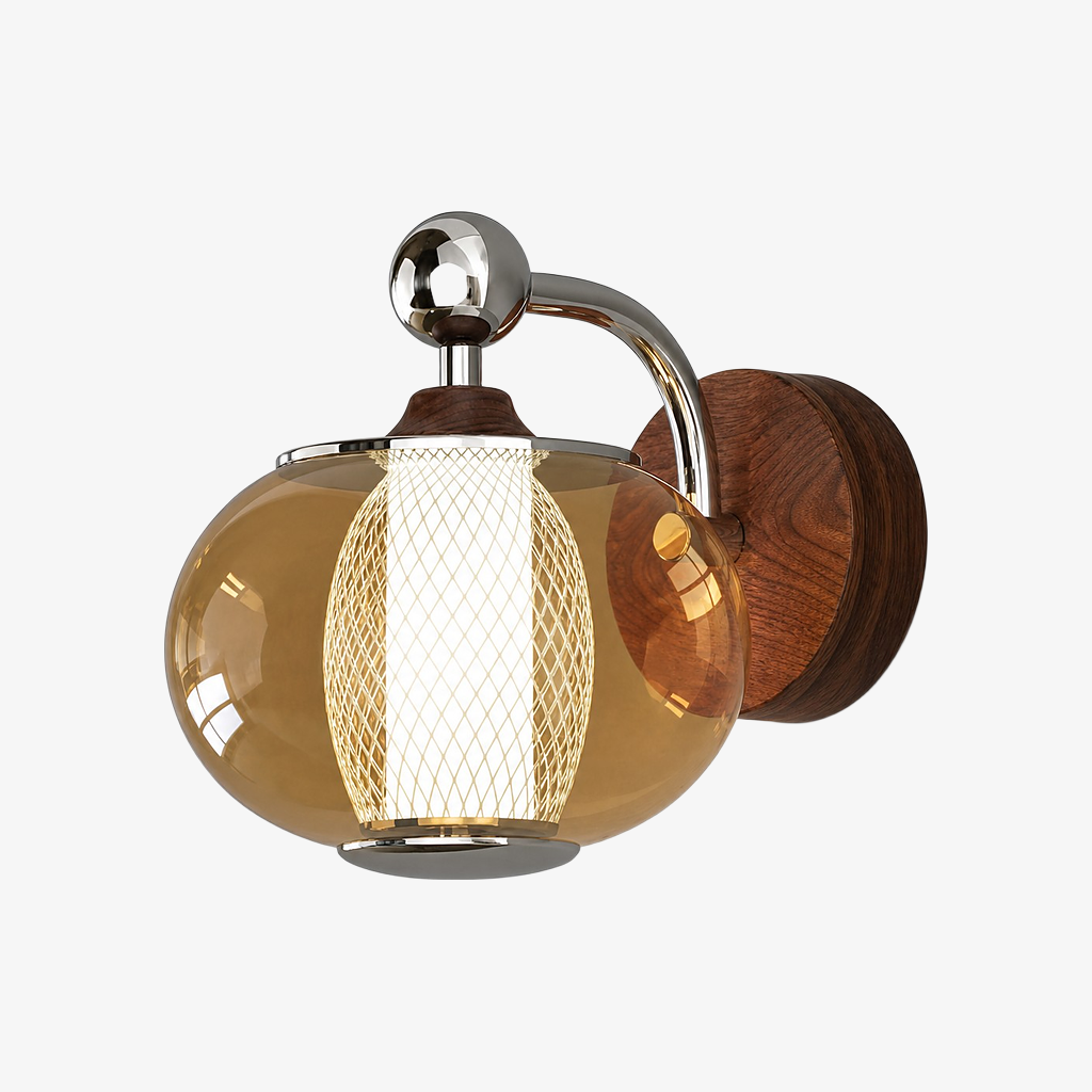 Orbit Style A Walnut mesh globe wall sconce