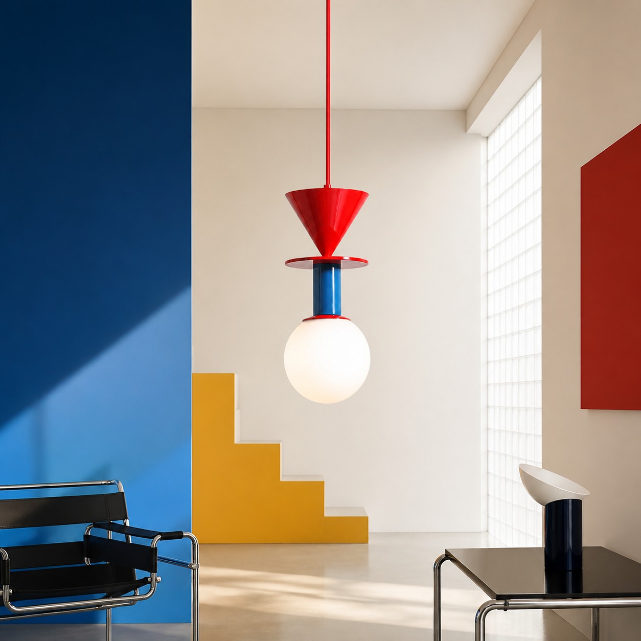 Luma geometric Memphis pendant light in a modern living room