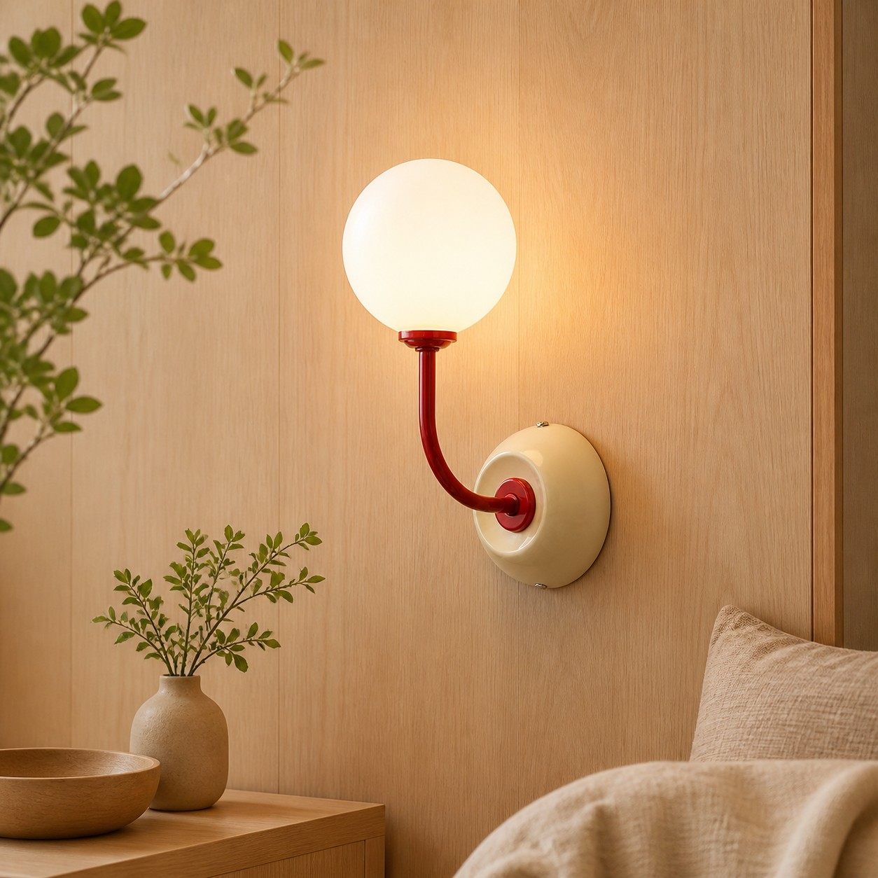 Luma Off-White curved arm wall sconce in a warm wood interior