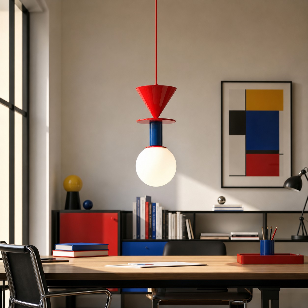 Luma geometric pendant light above a home office table