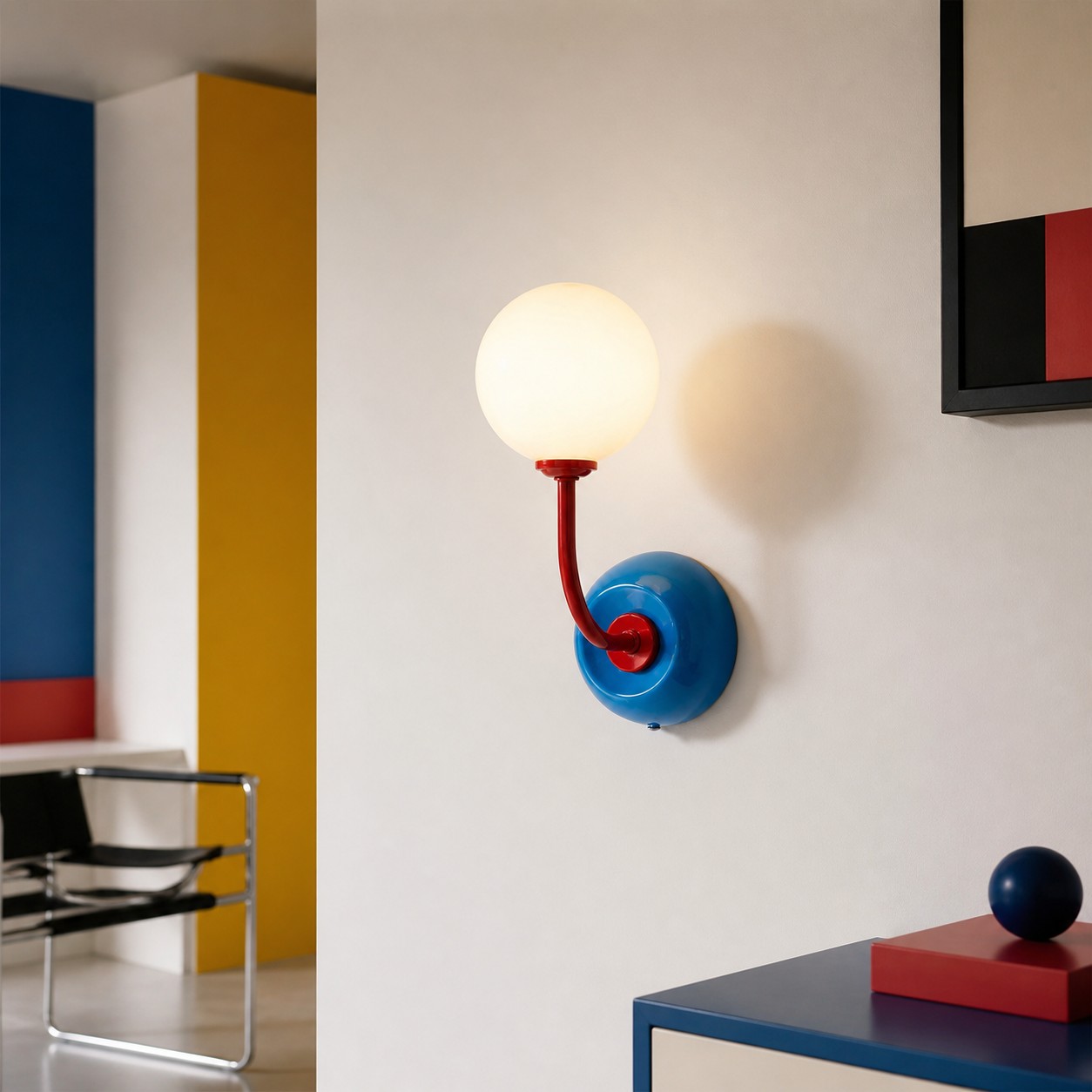 Luma Blue curved arm wall sconce in a graphic modern room