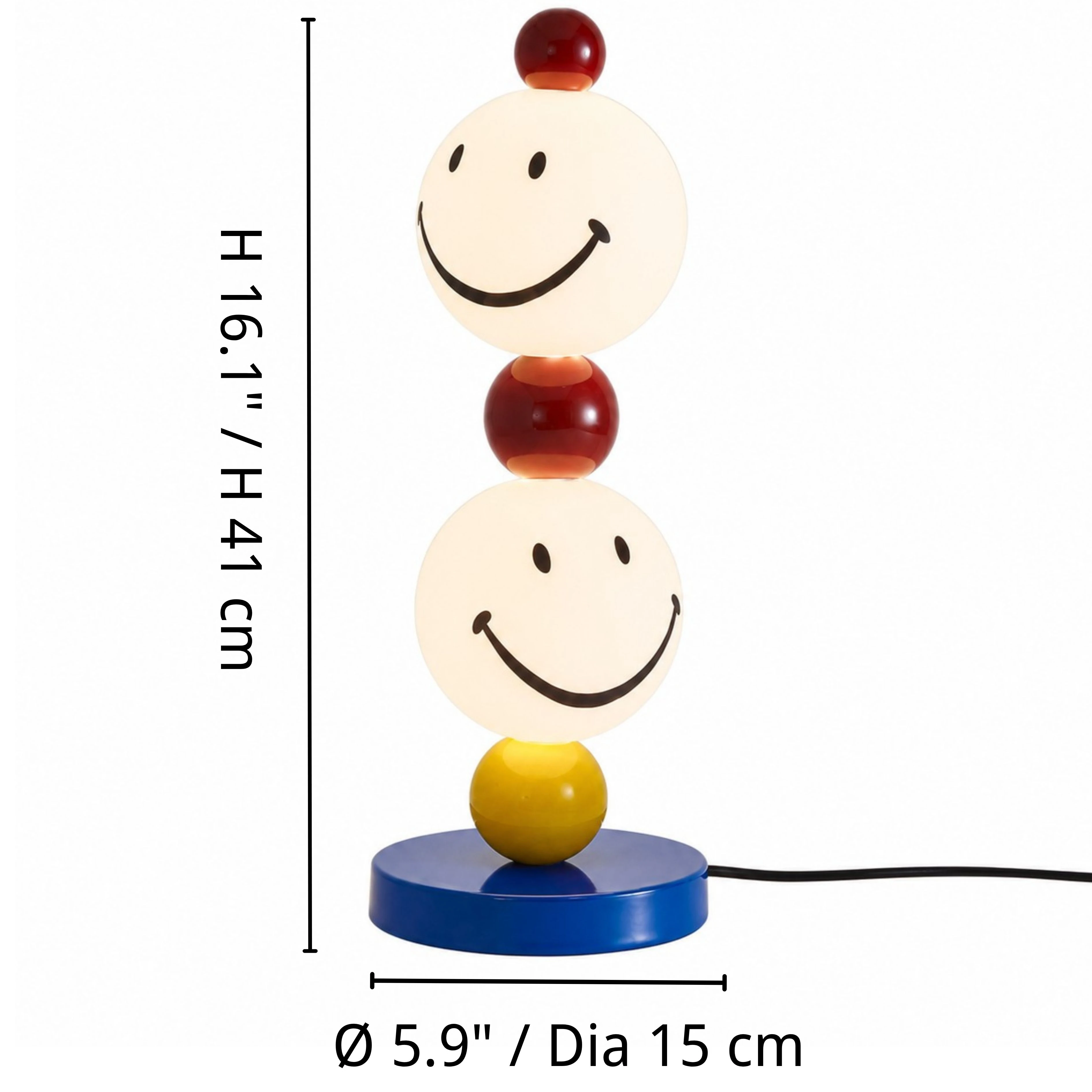 Luma smiley stack table lamp dimensions: diameter 15 centimeters and height 41 centimeters
