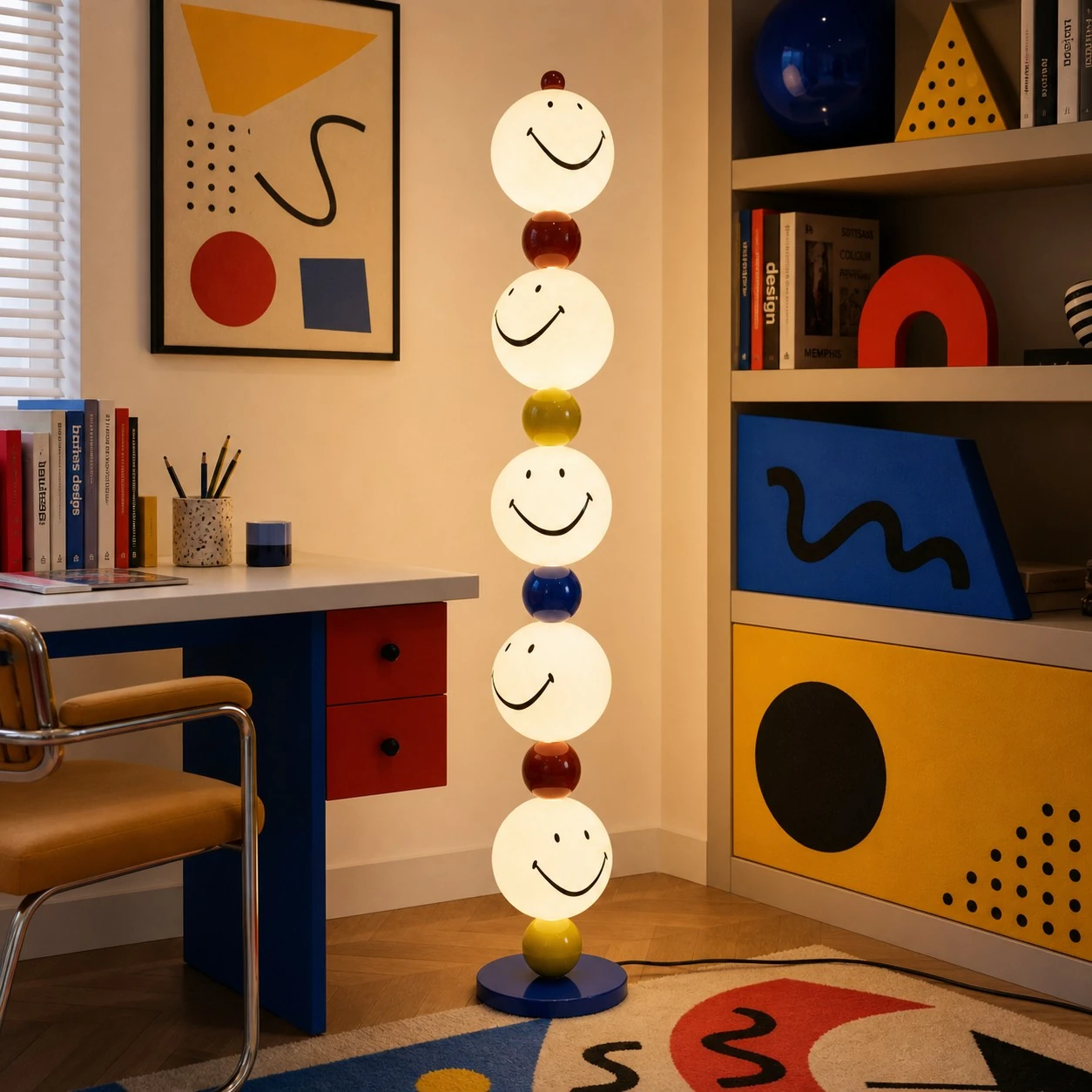 Smiley stack floor lamp beside a graphic study area