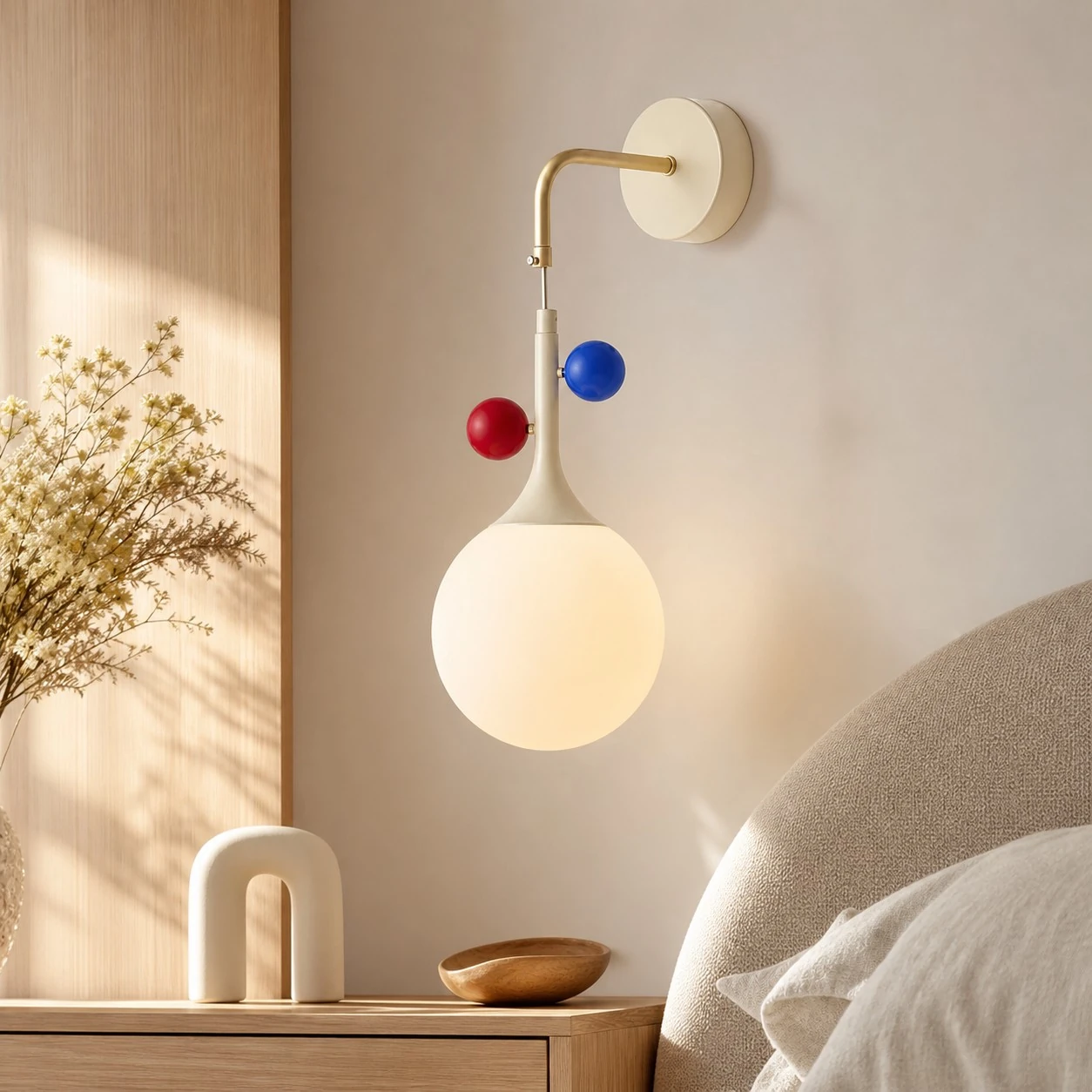 Cream orbit-disc wall sconce beside a warm bedroom wall