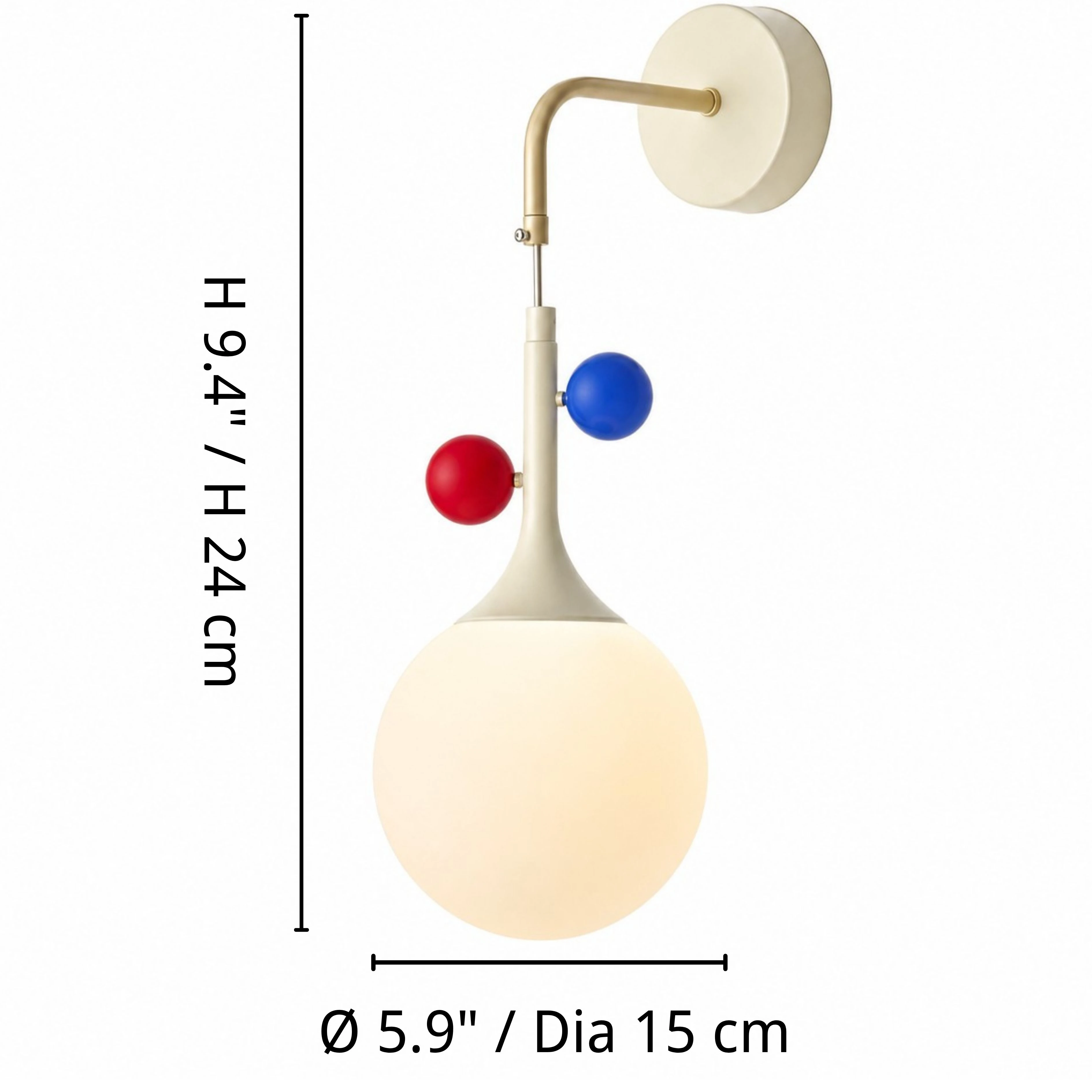 Luma orbit-disc globe wall sconce dimensions: globe diameter 15 centimeters and height 24 centimeters