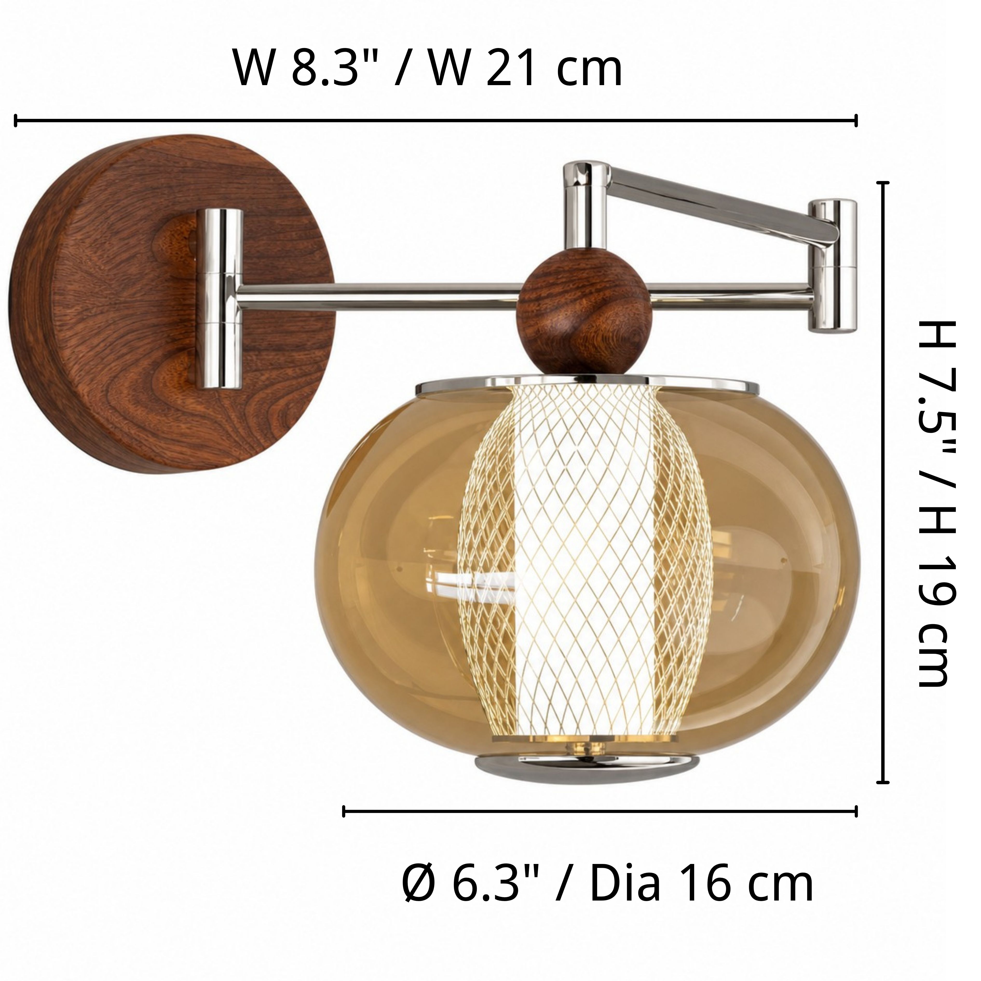 Orbit Style B dimensions: diameter 16 centimeters, width 21 centimeters, and height 19 centimeters
