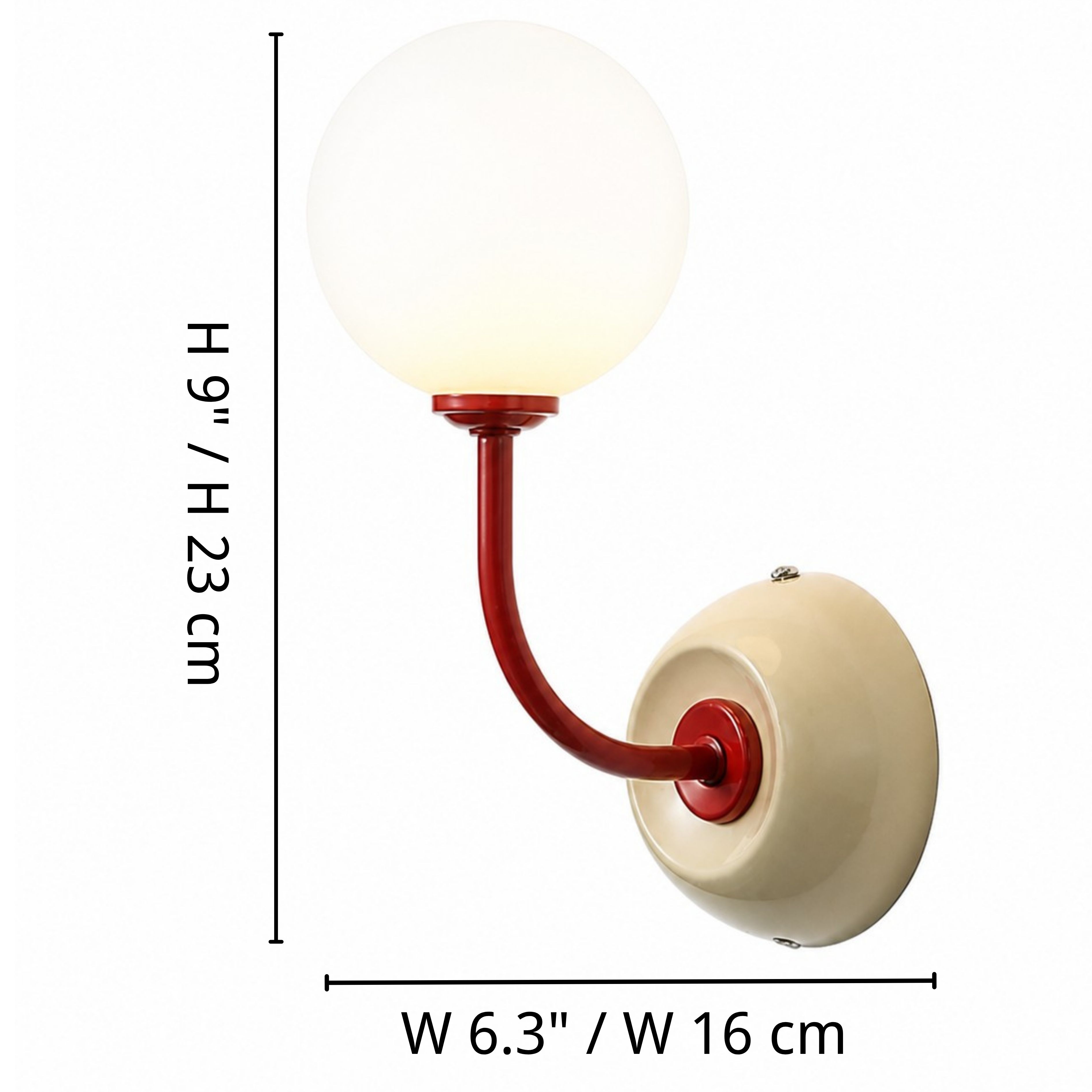Luma curved arm wall sconce dimensions: width 6.3 inches or 16 centimeters and height 9 inches or 23 centimeters