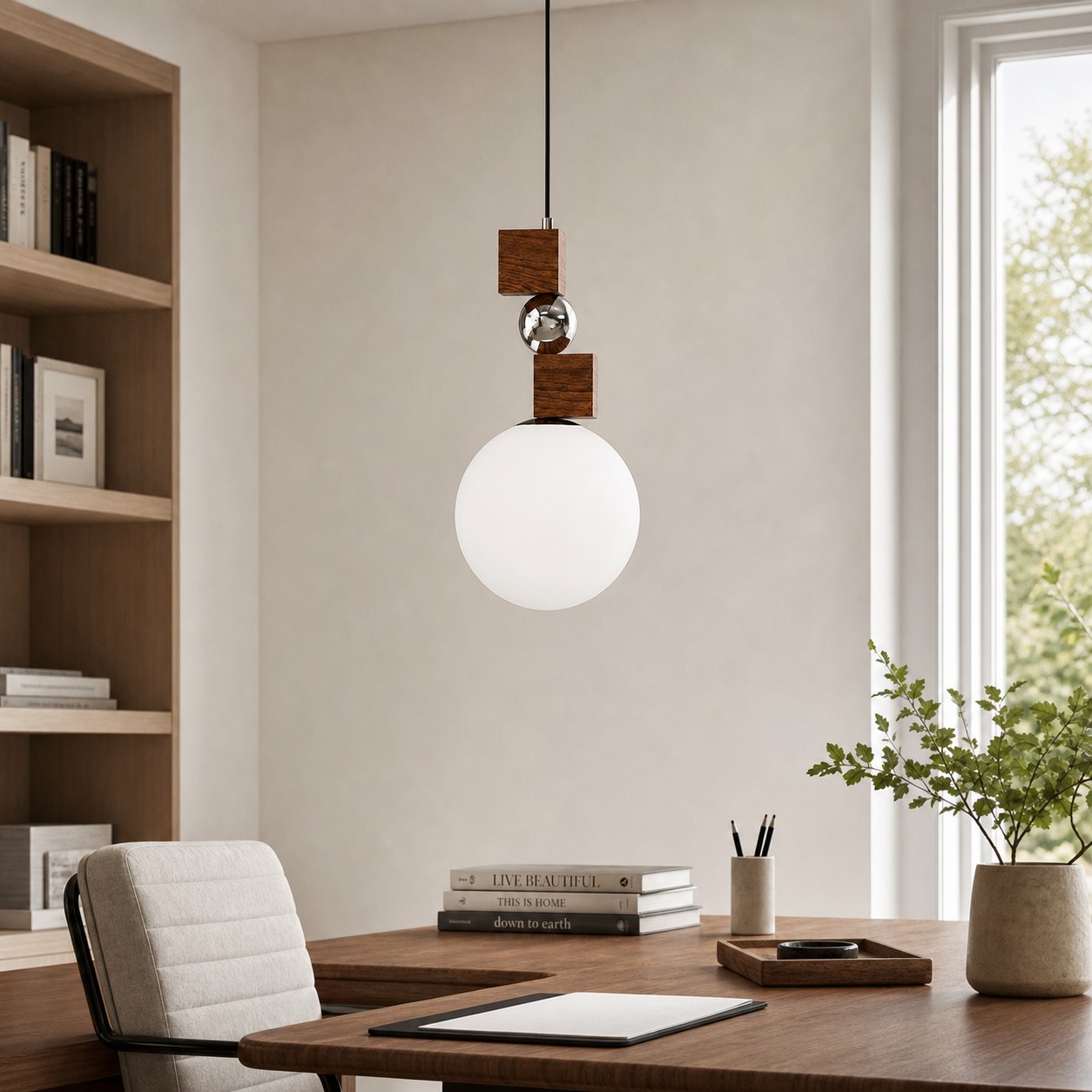 Luma Walnut geometric pendant light above a home office desk