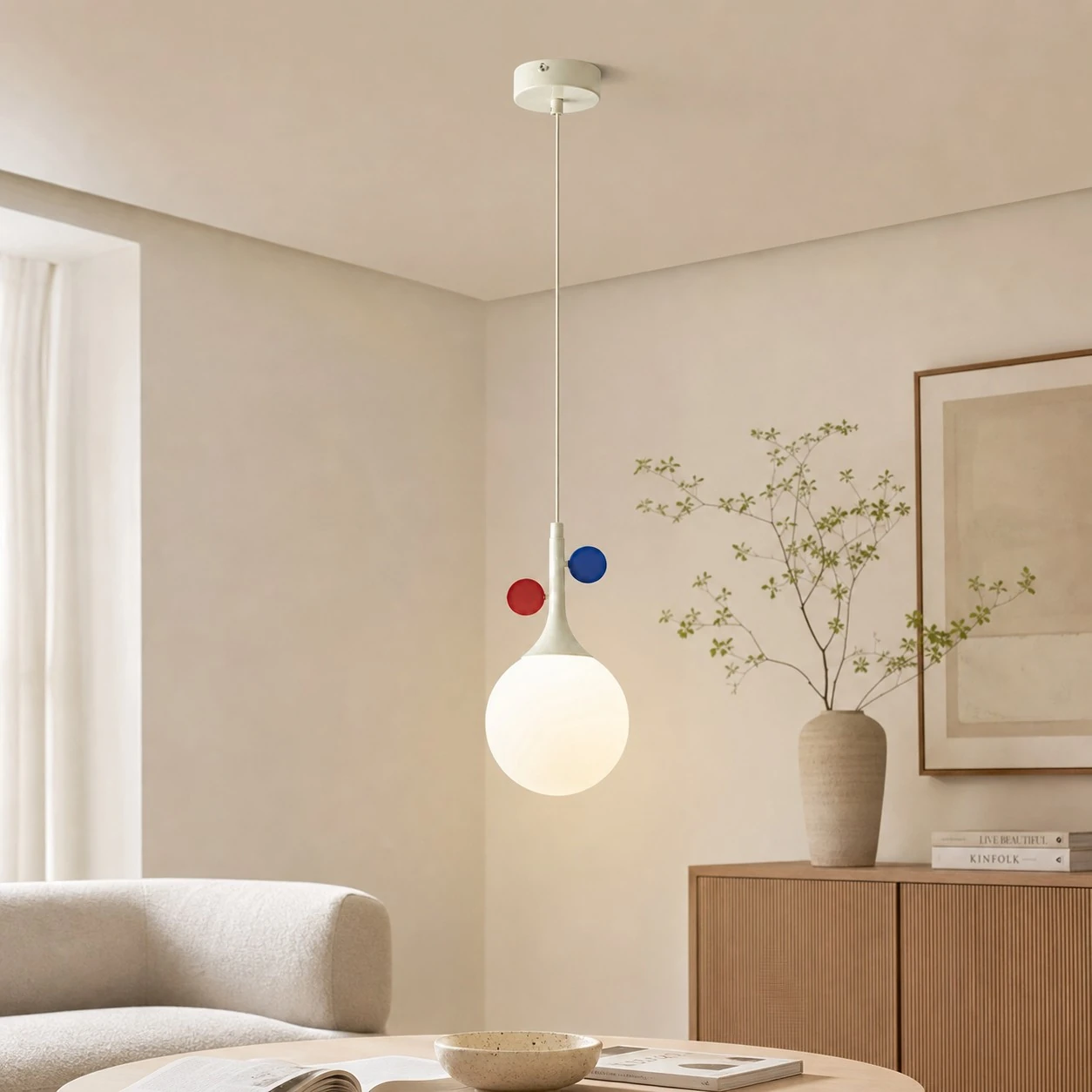 Cream orbit-disc pendant in a bright living room