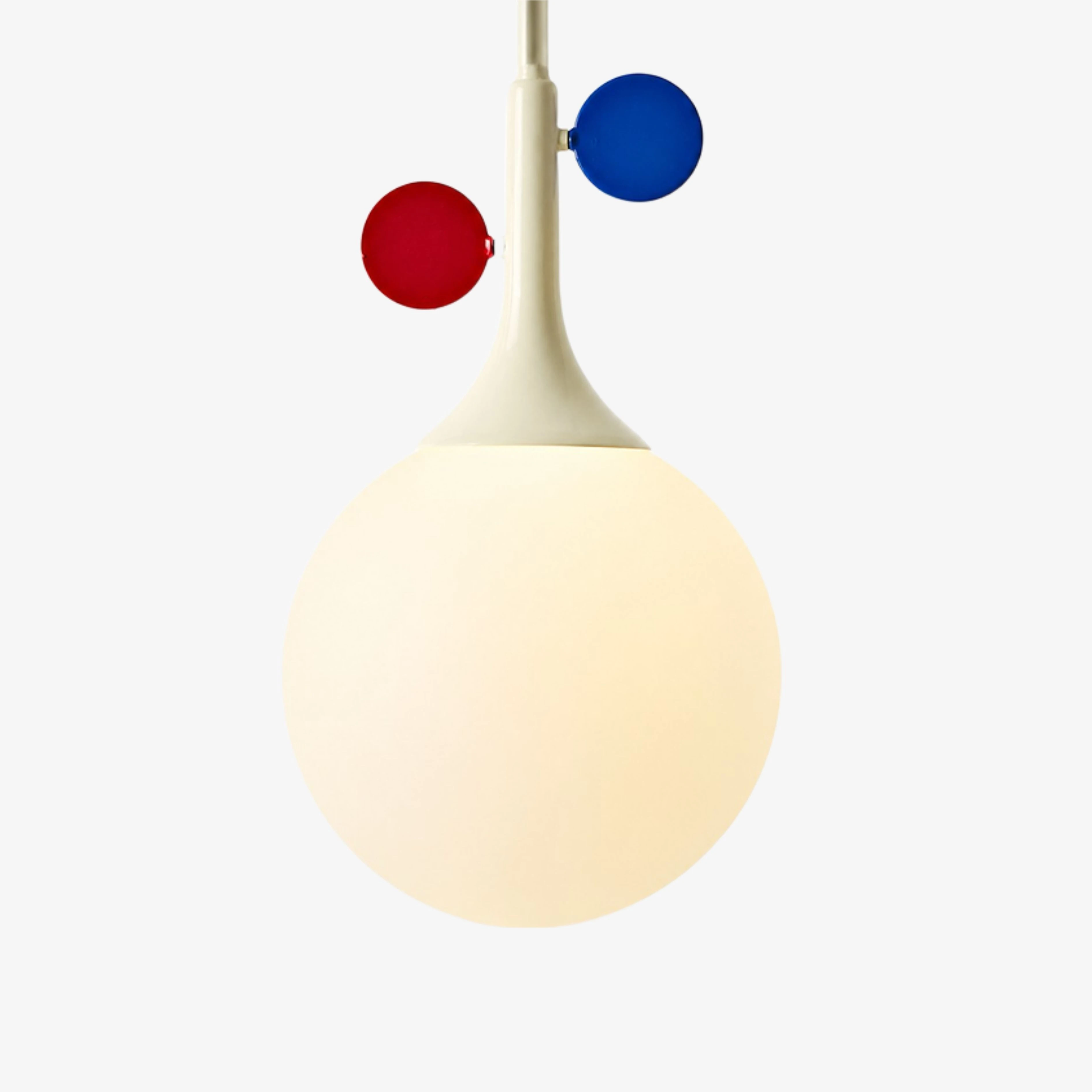 Close view of the cream globe and red-blue orbit accents
