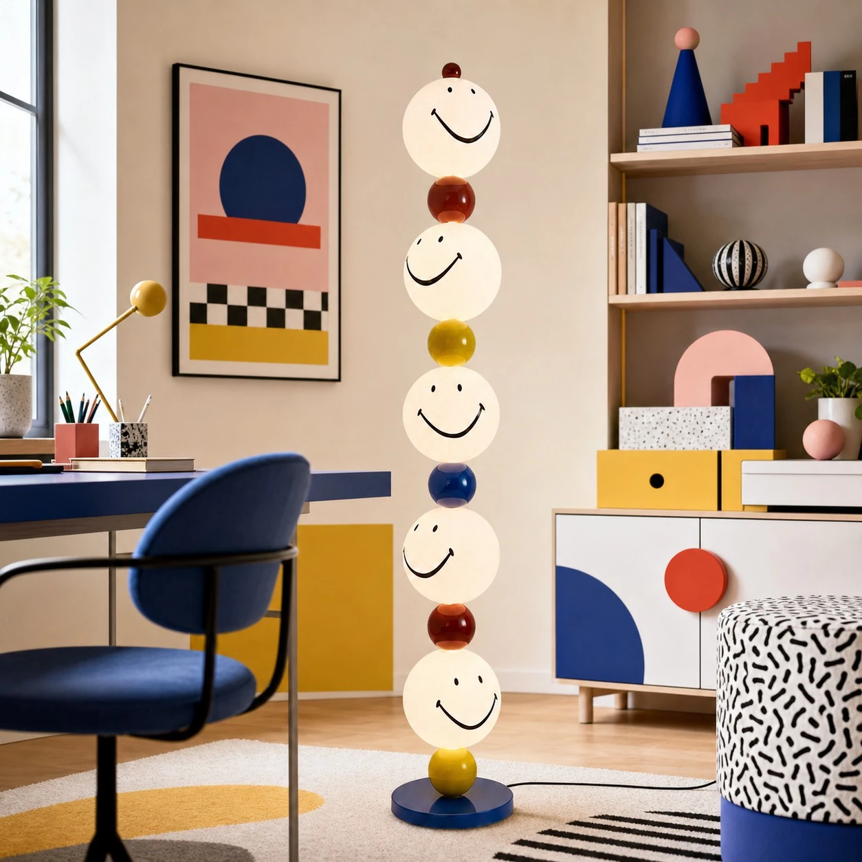 Smiley stack floor lamp in a colorful home office