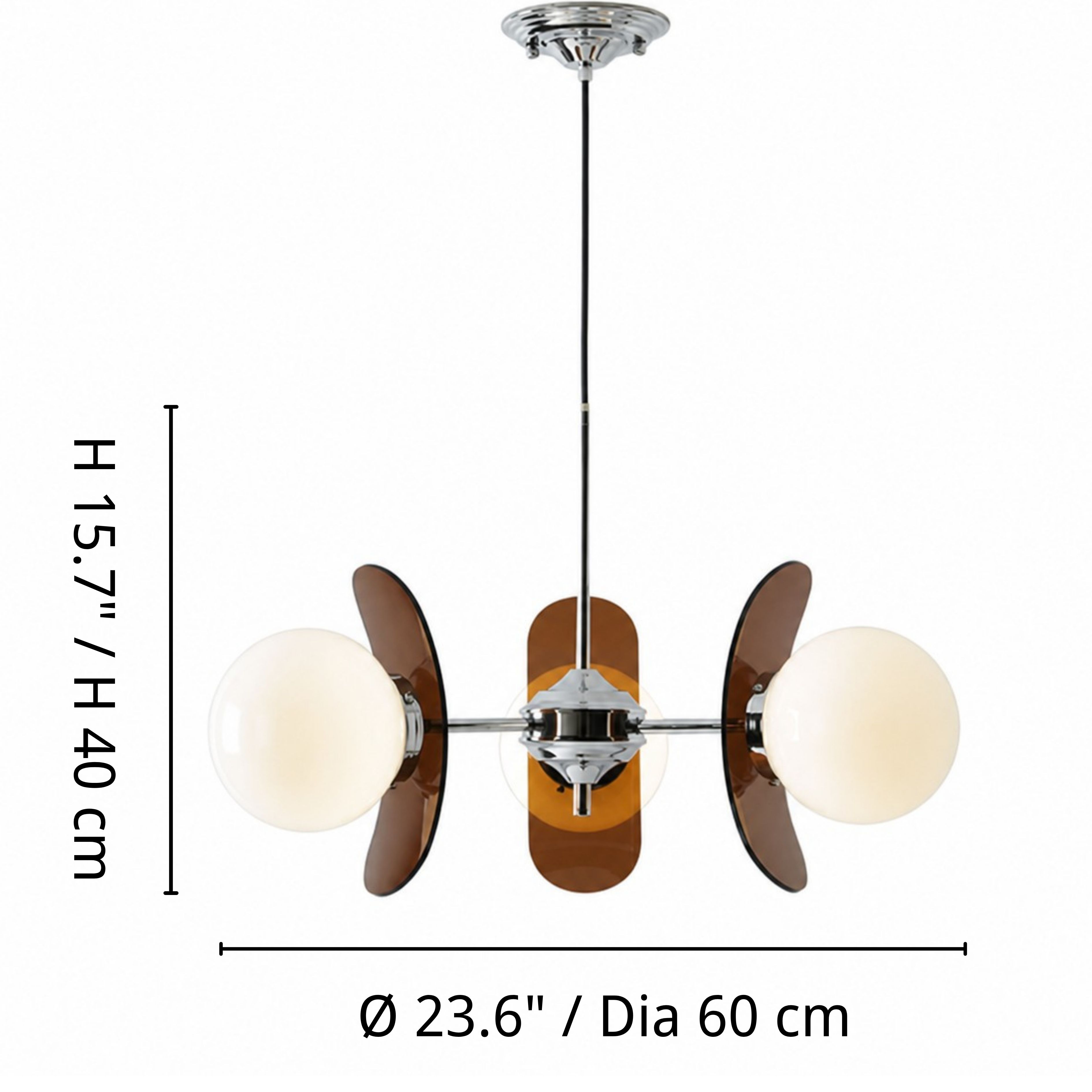 Three-head Luma chandelier dimensions: diameter 60 centimeters and height 40 centimeters