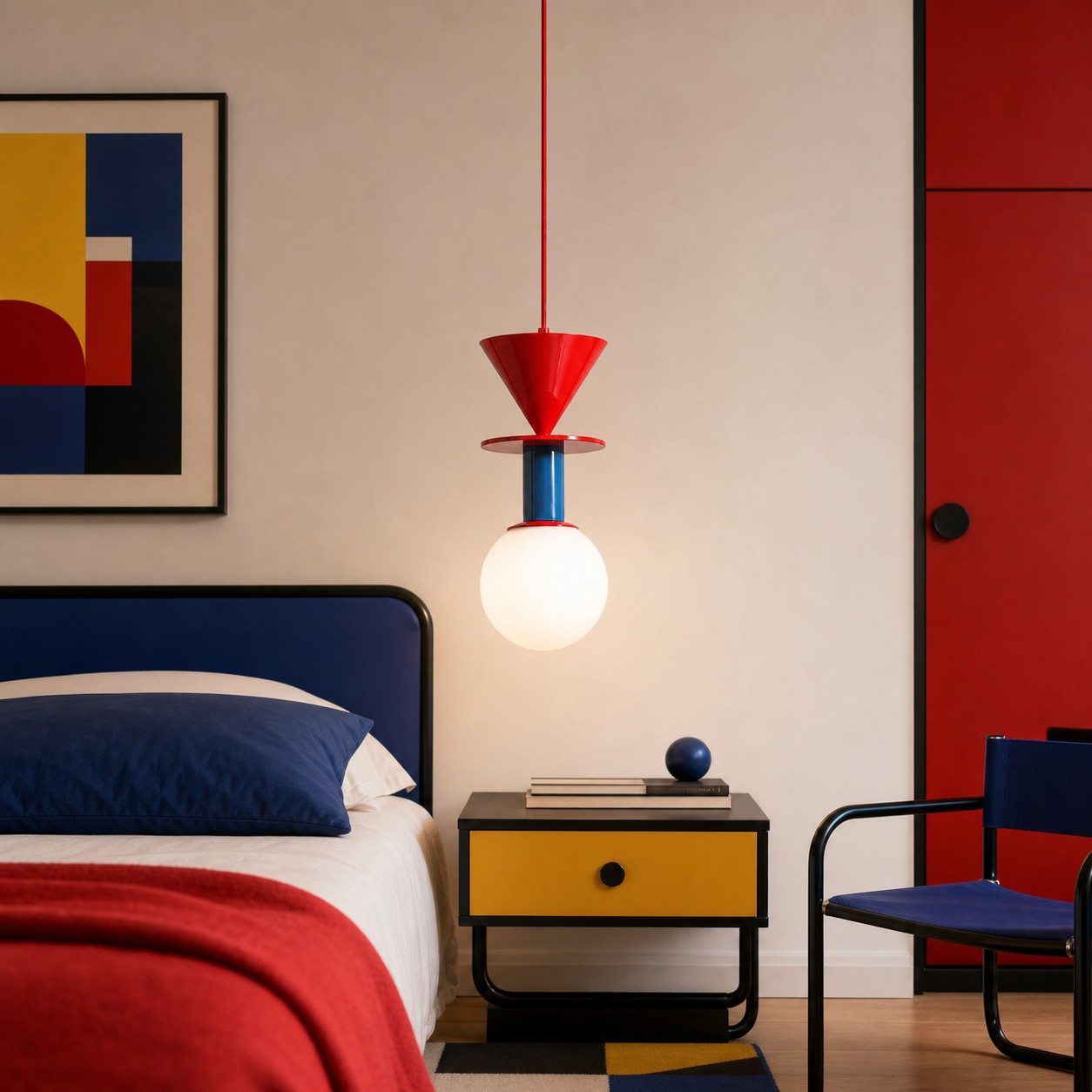 Luma geometric pendant light beside a modern bed
