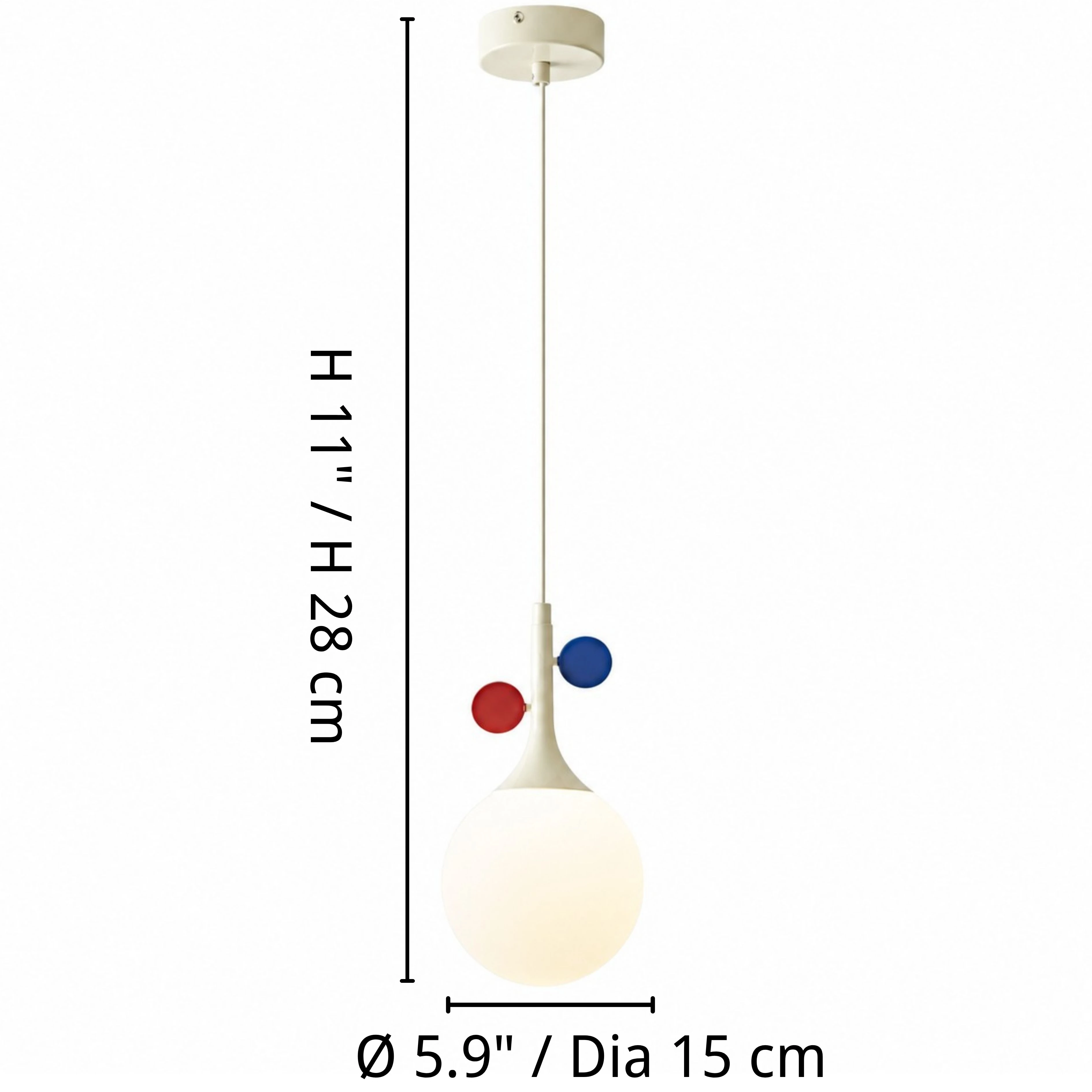 Luma orbit-disc globe pendant dimensions: globe diameter 15 centimeters and fixture height 28 centimeters
