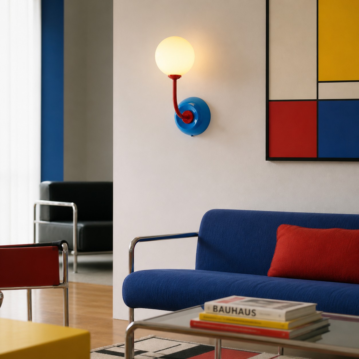 Luma Blue globe wall sconce in a Bauhaus-inspired living room