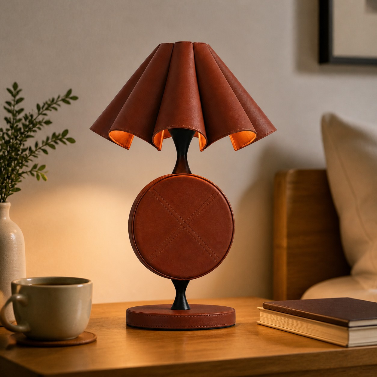 Brown leather table lamp in a bedroom setting