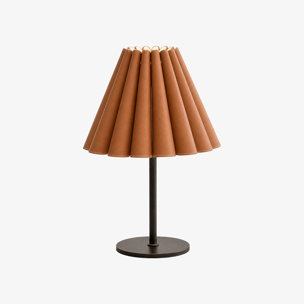 Caramel brown pleated leather table lamp with dark metal base