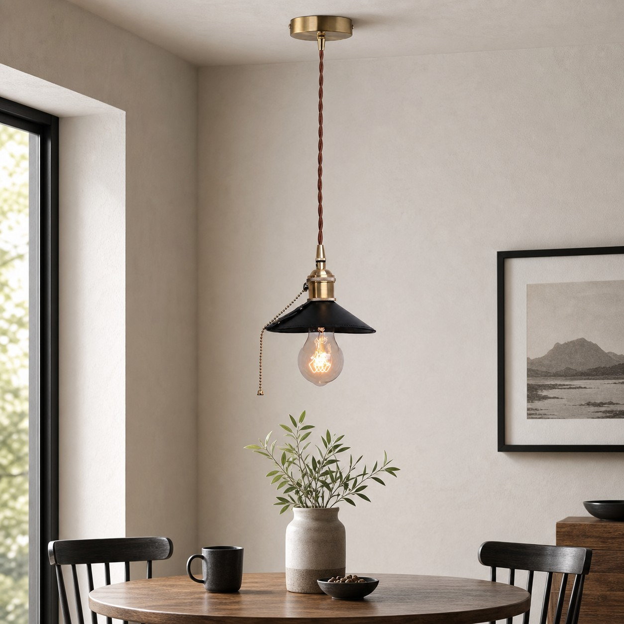 Black leather pendant lamp above a dining table